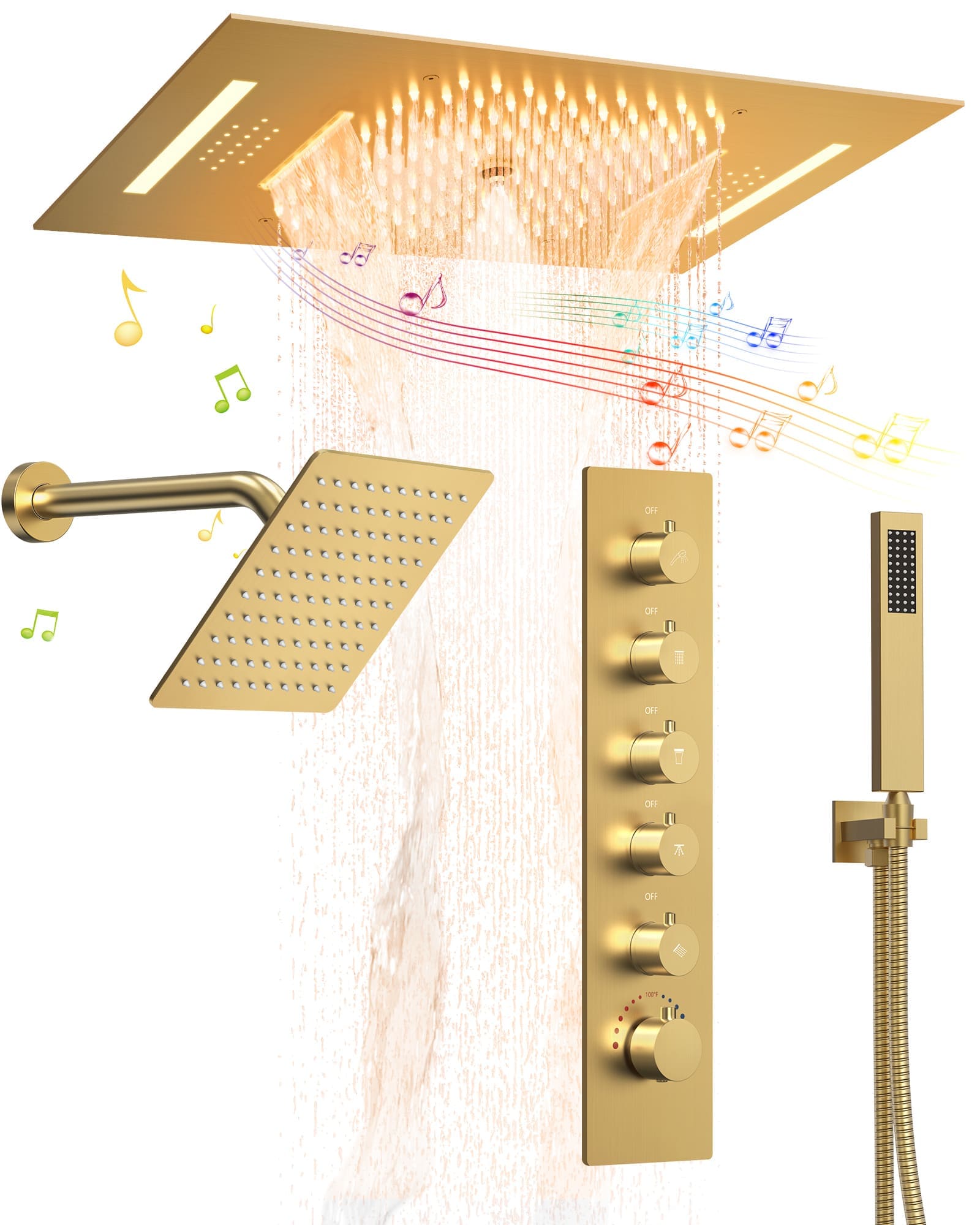 EVERSTEIN SFS-1051-GD 31-Spray LED 23L X 15W in. and 10 in. Ceiling Mount Fixed Shower Head with handheld with Music in Brushed Gold