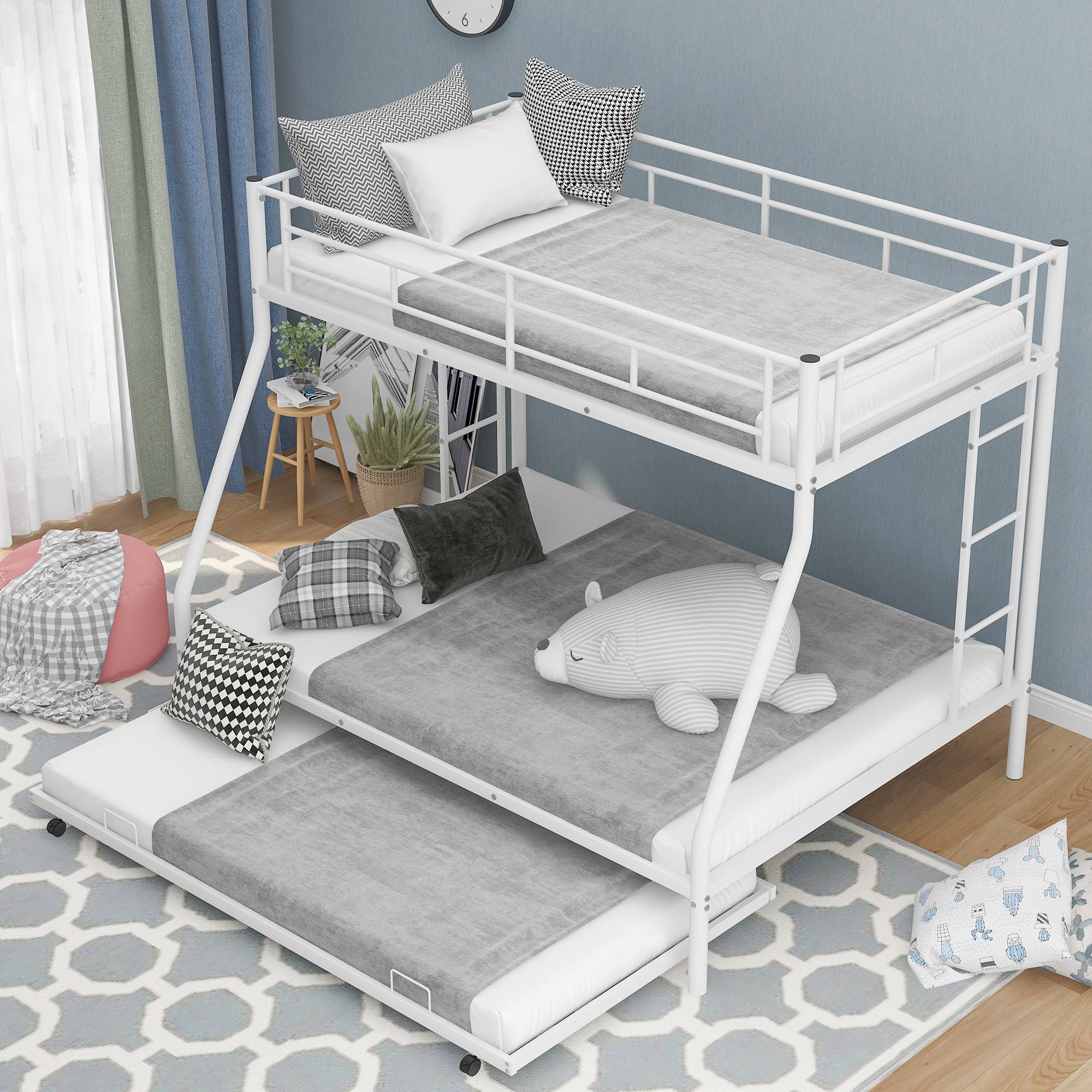 Yiekholo White Twin Over Full Bunk Bed With Trundle, Heavy-Duty Metal ...