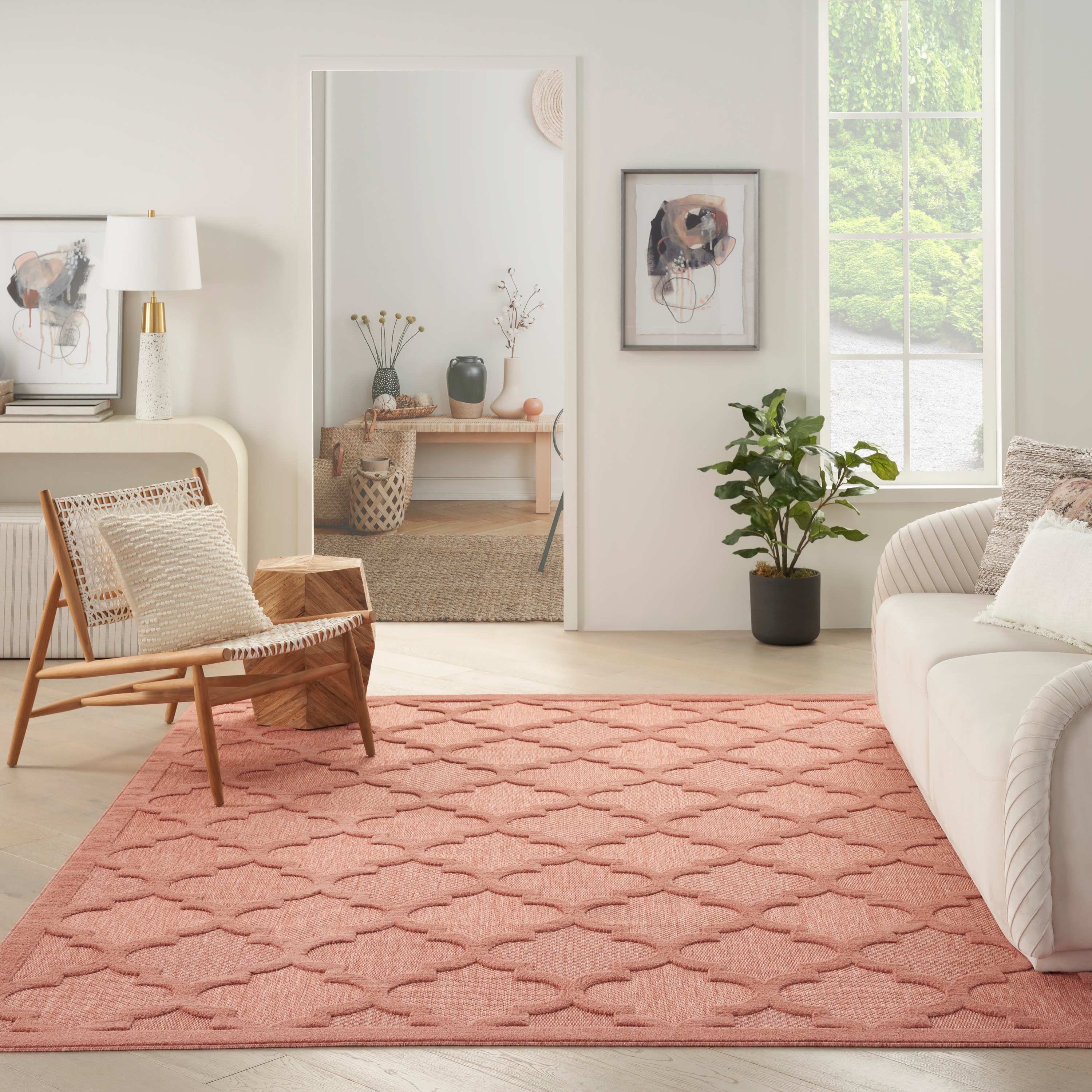 Coral Orange Trellis Synthetic 9' x 12' Rectangular Area Rug