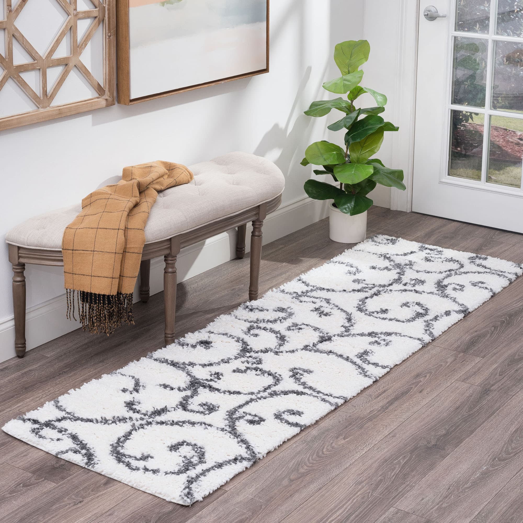 Tayse SOH1100 2X8 Soho Shag 2 x 8 (ft) Loomed Polypropylene White Rectangular Indoor Floral/Botanical French Country Runner rug