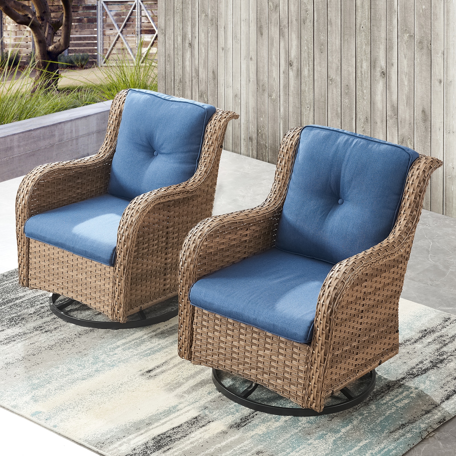 PA110-1 PACHAIRS-T Set of 2 Wicker Yellow Steel Frame Swivel glider Conversation Chair with Navy Cushioned Seat