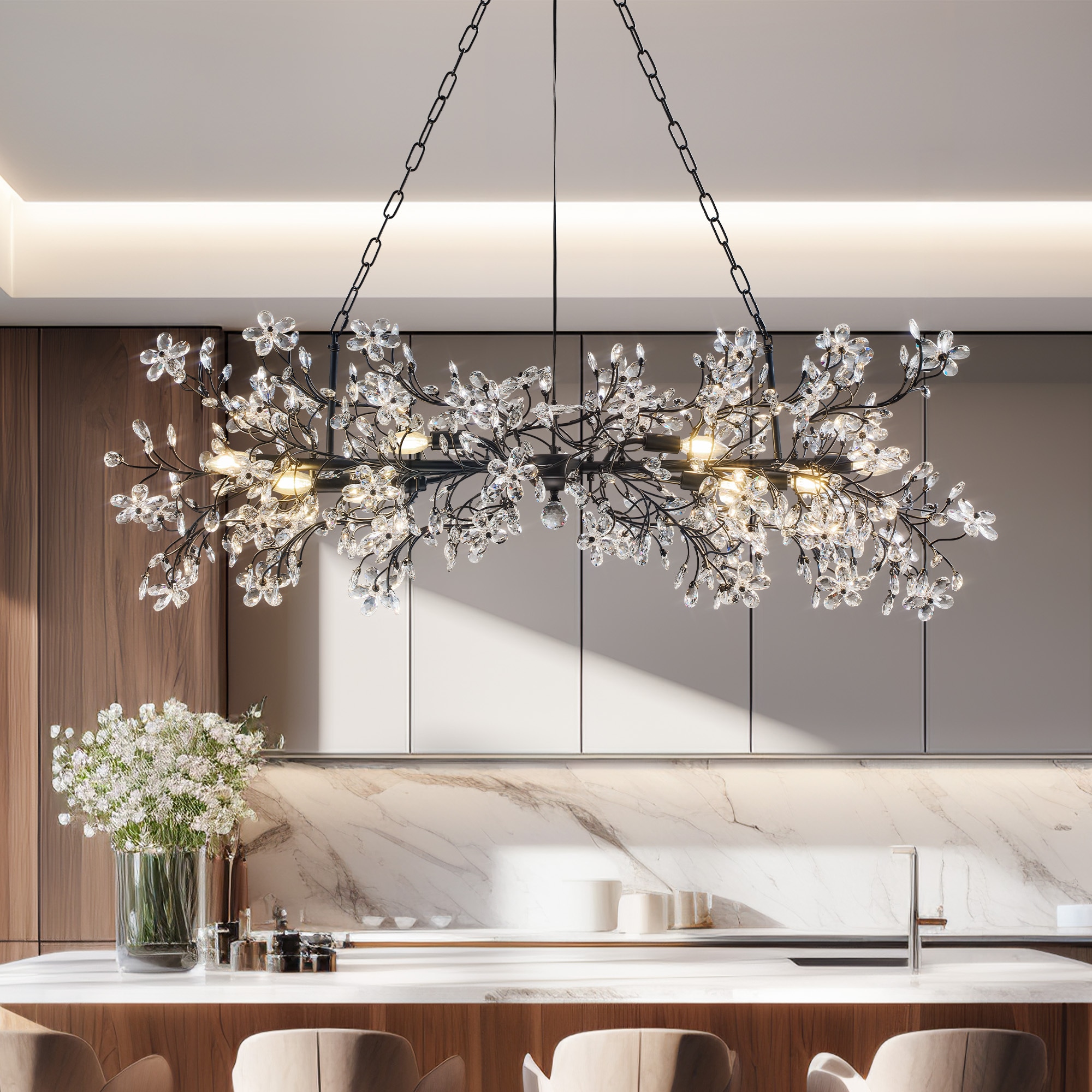 Gleam Flare 51 Inches Black Crystal Chandelier 8 Lights Modern Tree Branch Chandeliers Luxury Rectangular K9 Crystal Raindrop Chandeliers for Dining Room Kitchen Island Living Room Foyer