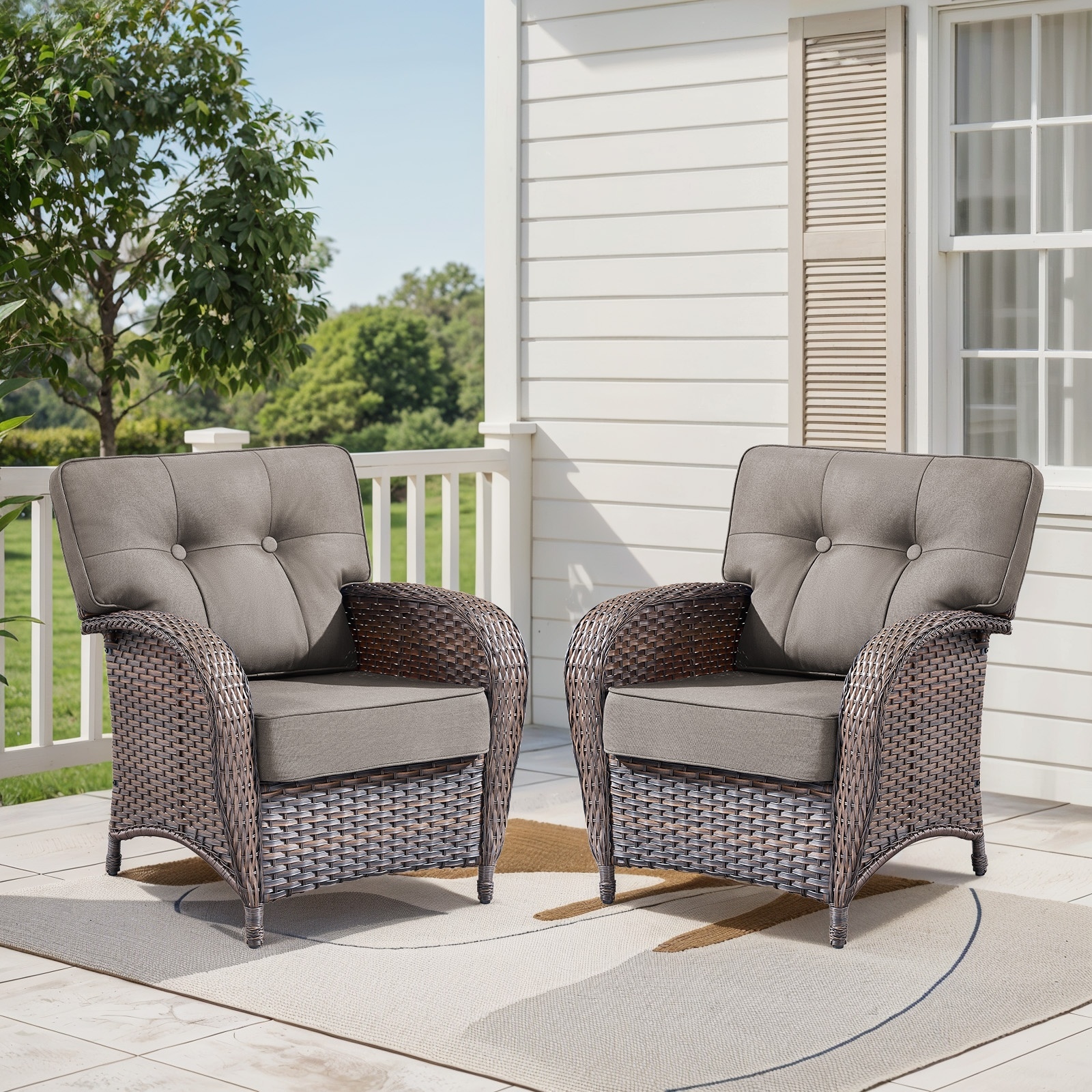 Pocassy PJTPBR11-3 Set of 2 Wicker Gray Steel Frame Stationary Conversation Chair with Gray Solid Seat