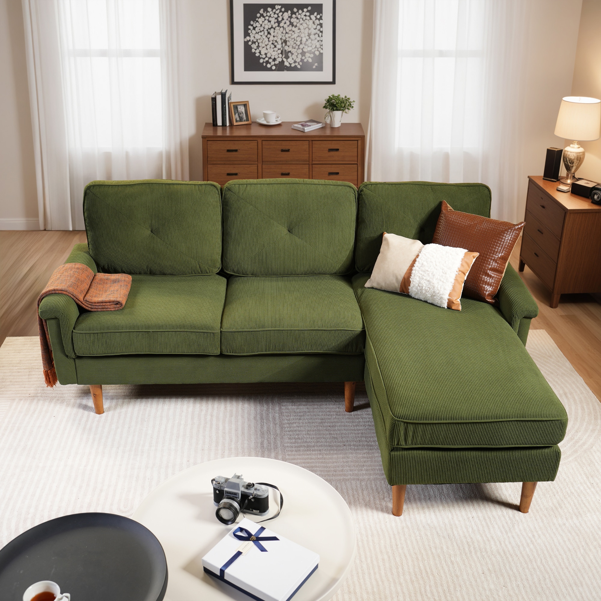 ALTRIGUS 6L-NOPR660-AL 87-in Modern Corduroy Green-Right Chaise 3 -seater Reclining Sofa