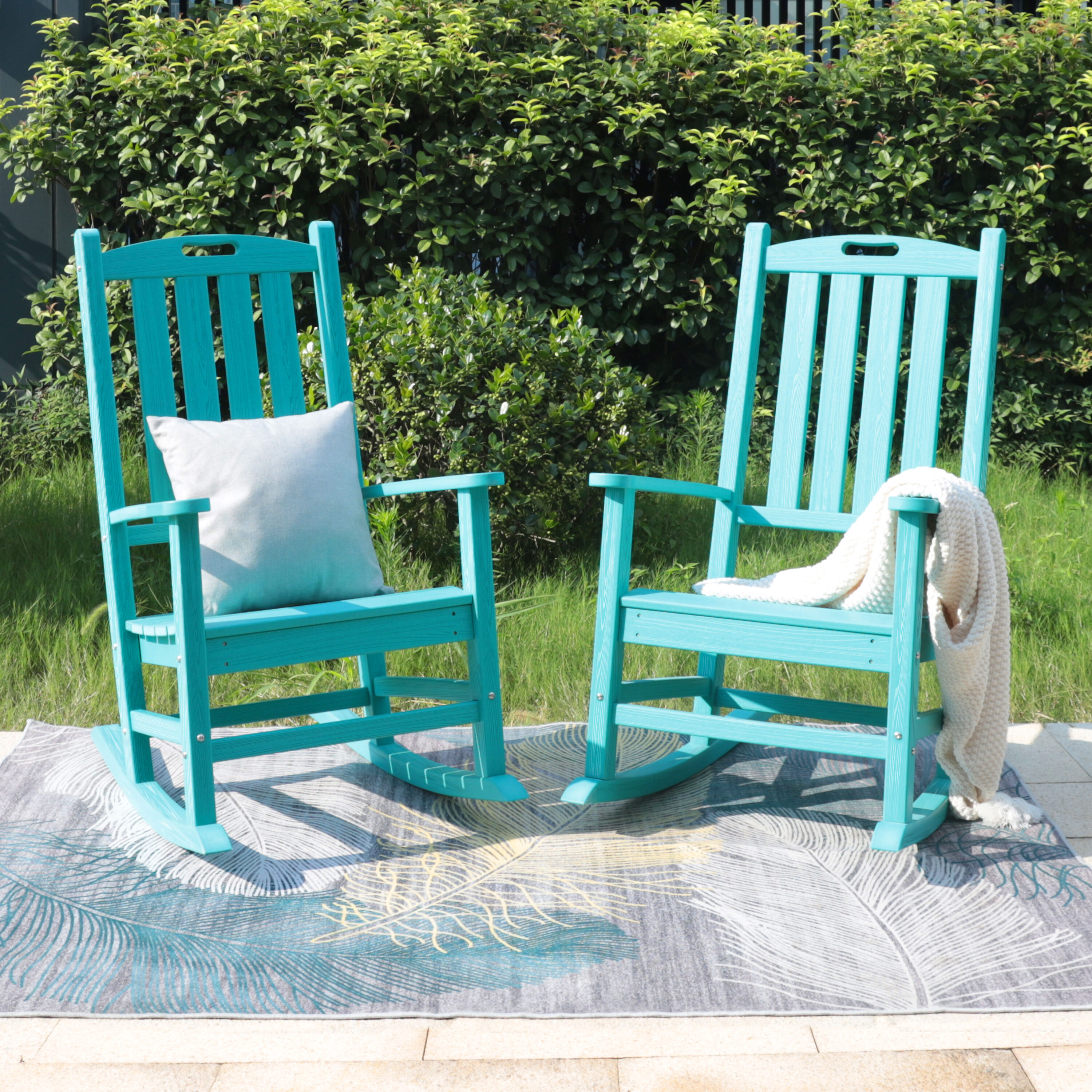 VEIKOUS PG0207-HDPE-BU-1 Set of 2 Blue HDPE Frame Rocking Chair with Blue Slat Seat