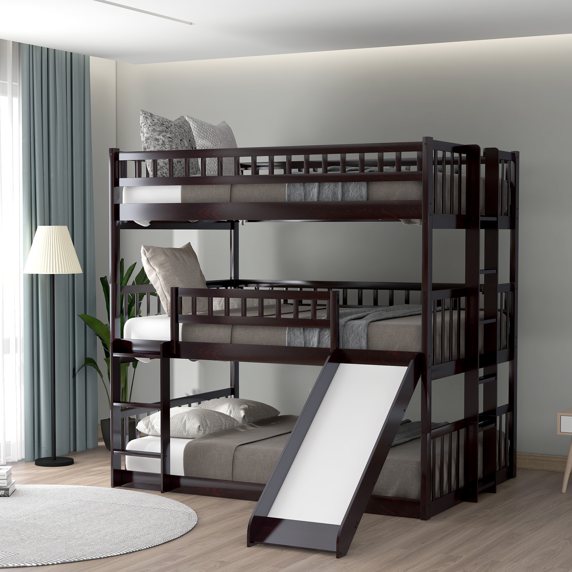 ModernLuxe LT000052AAP FullOverFullOverFull Triple Bed with Builtin Ladder and Slide  Triple Bunk Bed with Guardrails Espresso