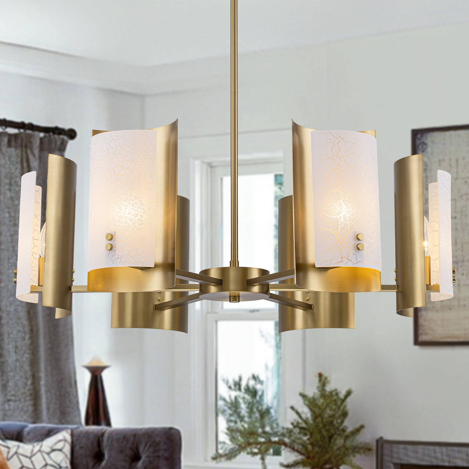 MENCOLULU - 30-inch Metal and White Crackle Glass Shades Brushed Gold Chandelies 6 -Light Gold Me...