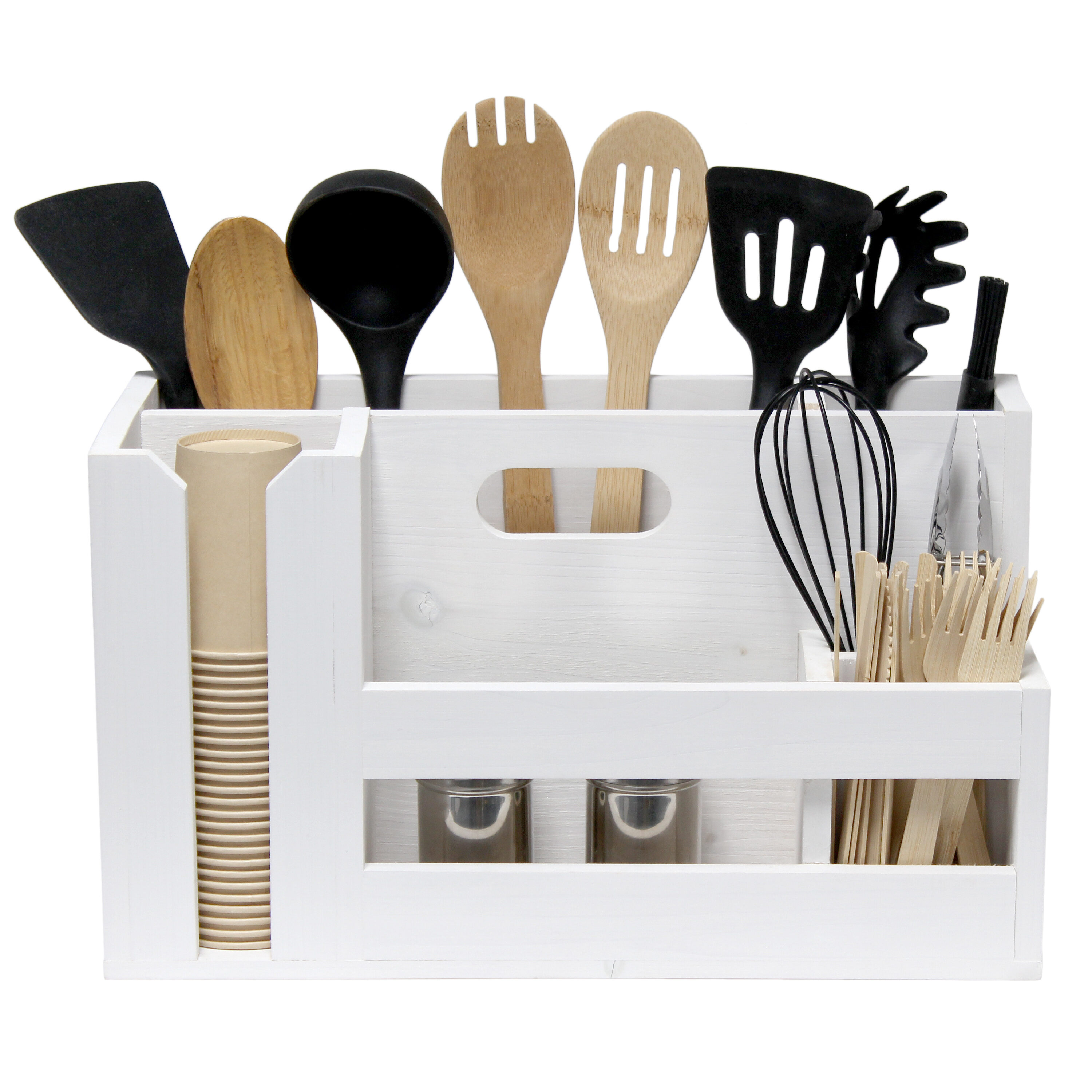 White Wash Farmhouse Wooden Utensil and Condiment Caddy