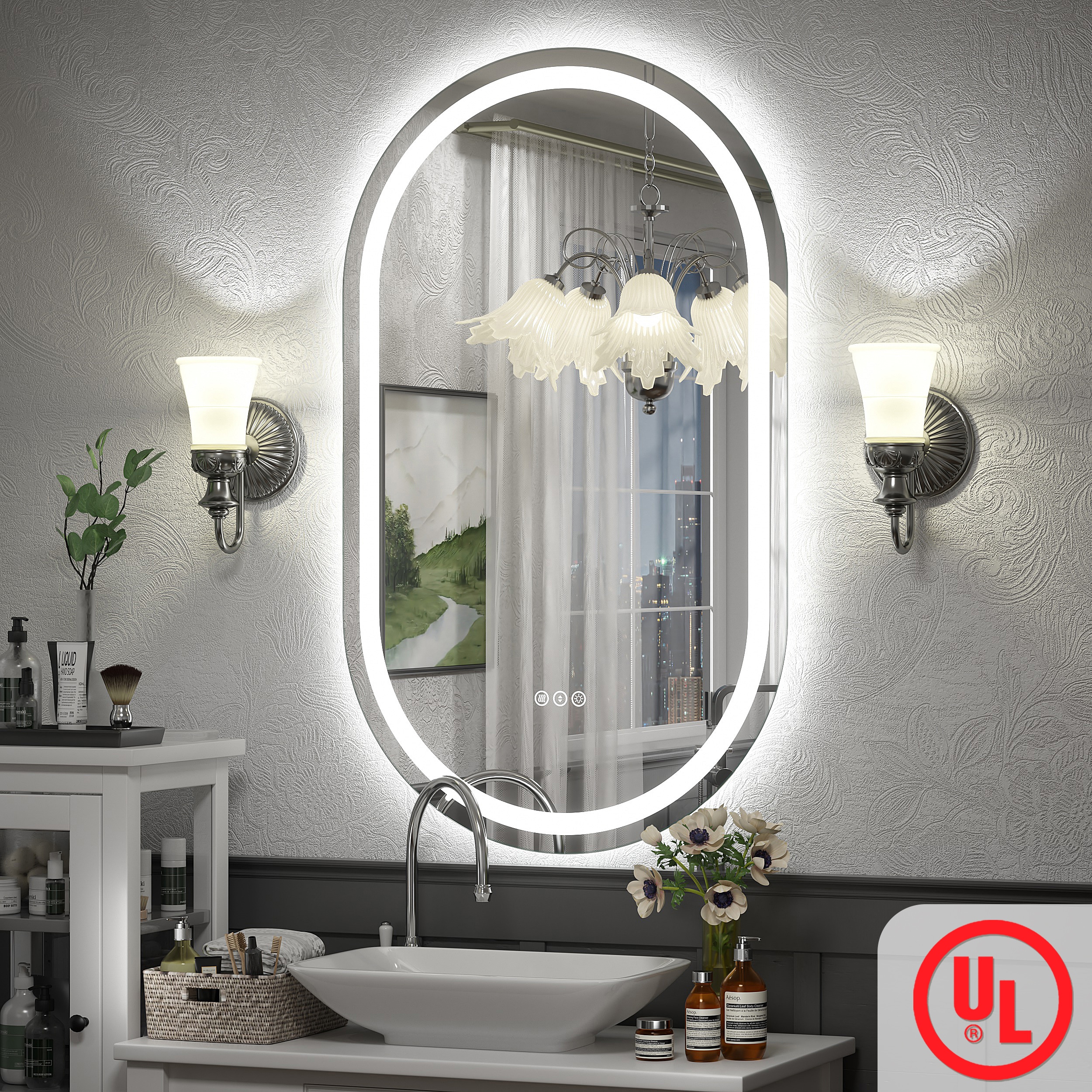 Apmir UL Certified Stadium Front and Back LED Anti-Fog Stepless Dimmable 3-Color Lighting Tempered Glass Bathroom Vanity Mirror