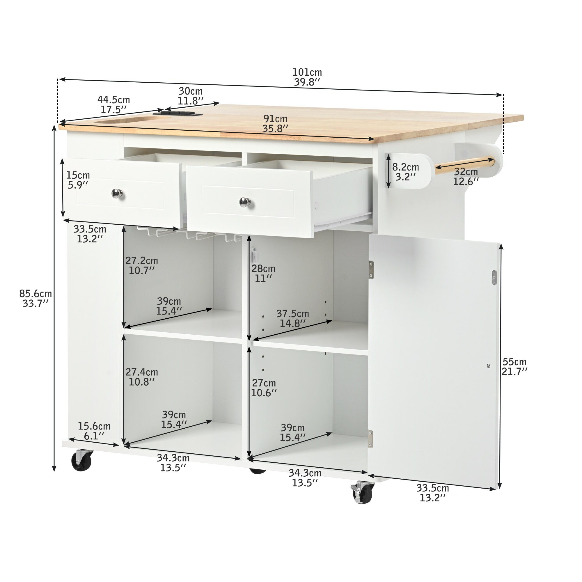 Miki Shinly White Mdf Base with Mdf Top Rolling Kitchen Island (18.1-in ...