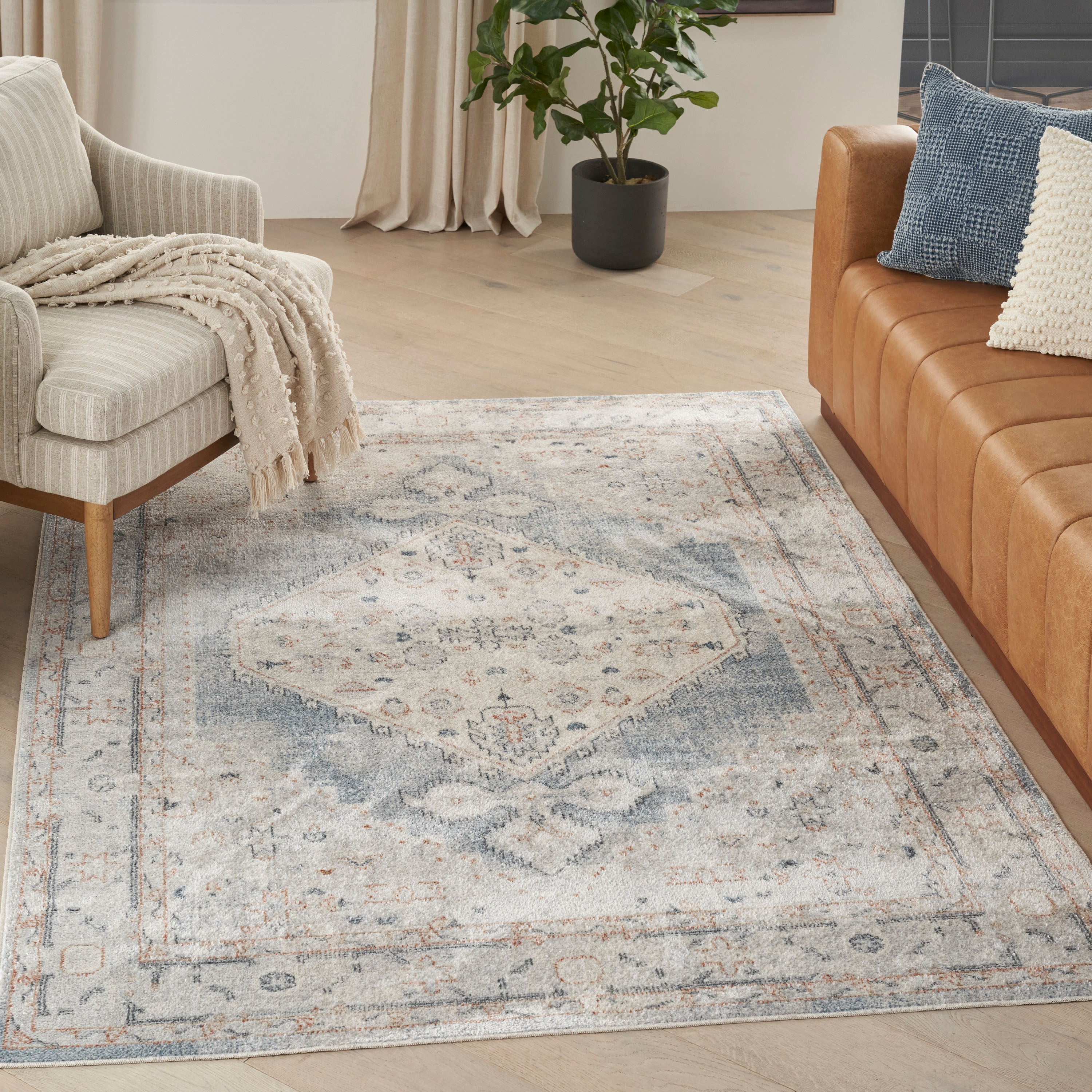 Nourison 099446124708 Astra Machine Washable 5 x 7 (ft) Loomed Polyester Light Blue Rectangular Indoor Distressed/Overdyed Machine washable Area rug