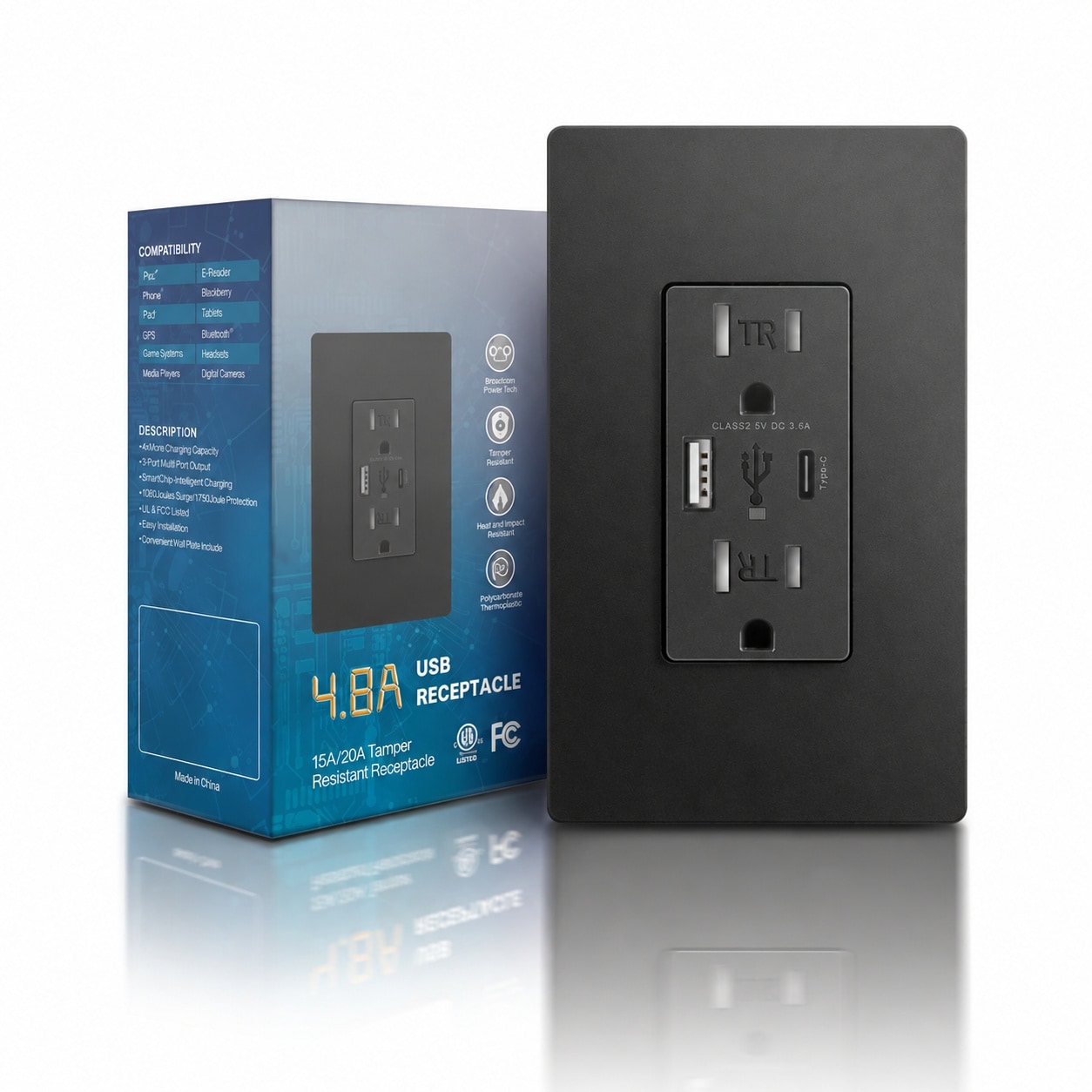 Adrinfly  USB Wall Outlet with Type A and Type C Ports 4.8A 15 Amp Tamper Resistant Duplex Receptacle Black with Screwless Wall Plate ETL Listed