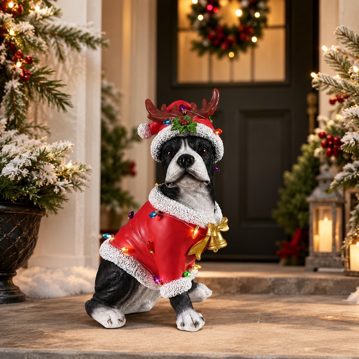 Anysun 14.57-in Whimsical Boston Terrier Holiday Statue with Reindeer Antler Hat Lighted Christmas Home Decor