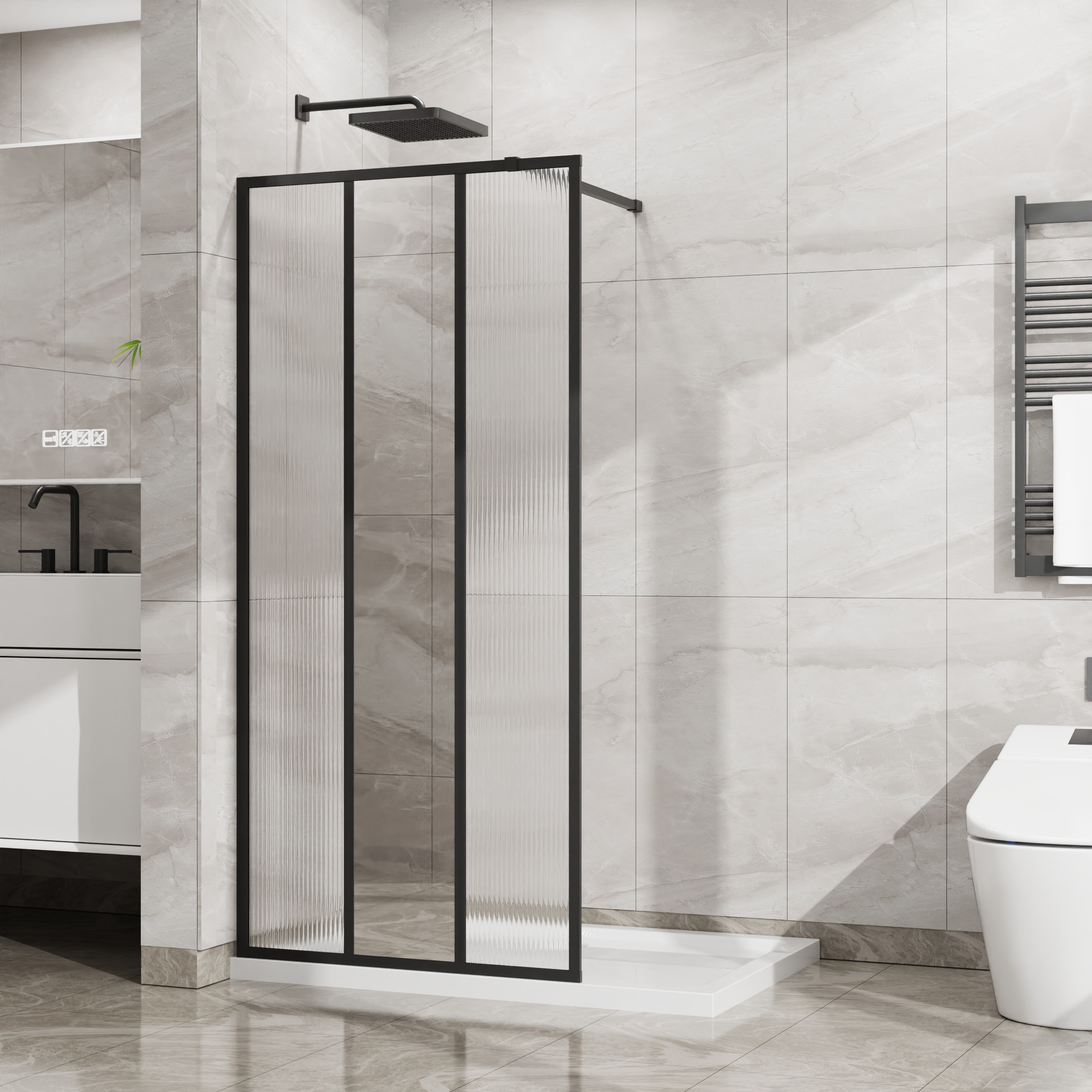 Huluwat 34 W x 72 H Fixed Shower Door 3-Panel Design with Center Mirror Fluted Pattern 1/5 inch (5mm) Tempered Glass Walk-in Shower Screen Panel Matte Black