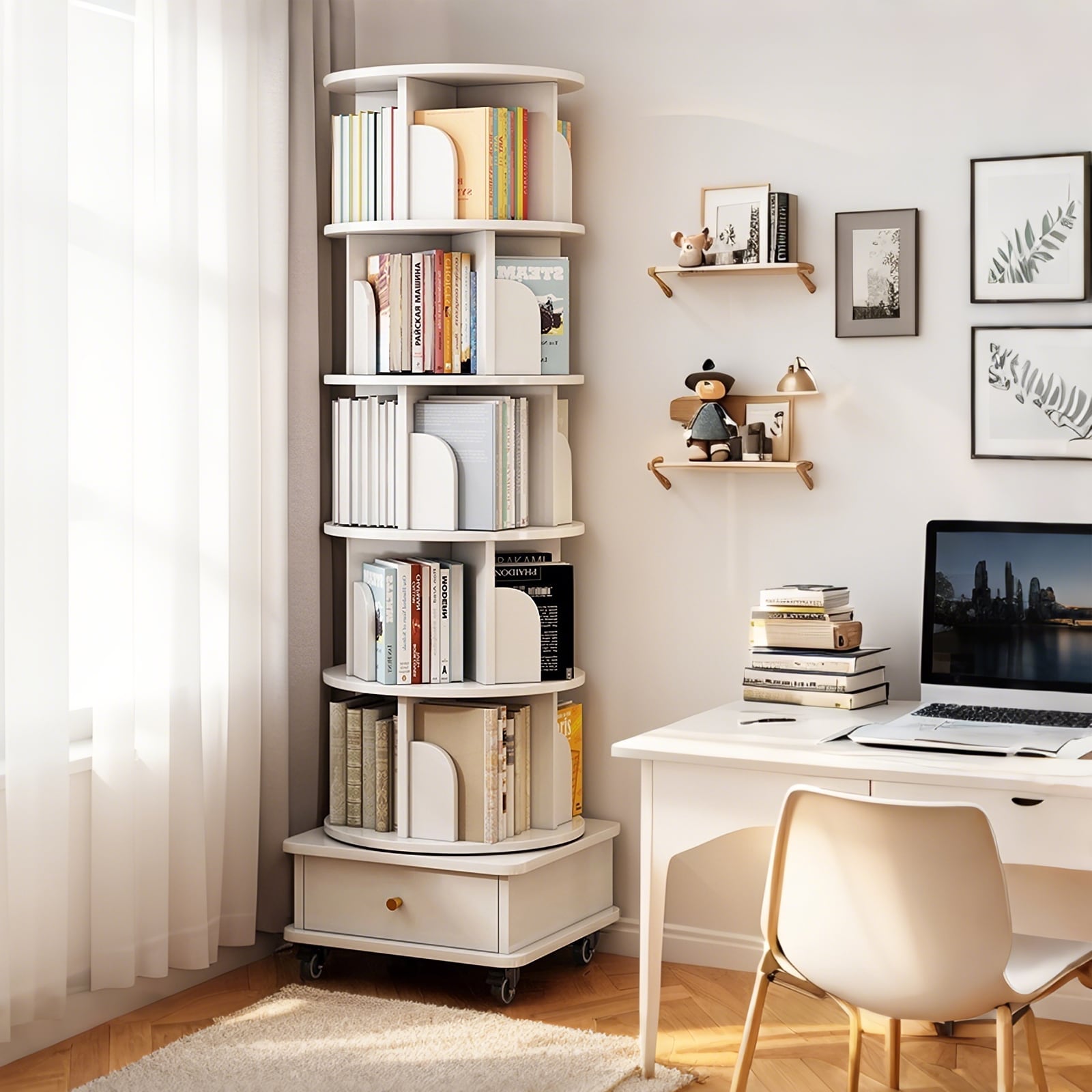 LOVMOR SF-Y-W3204P309485 6 Tier Rotating Bookshelf 360° Display Round Spinning Bookshelf with Wheels and Drawer Space Saving Small Space Rotating Bookshelf Tower for Bedroom Living Room Home Office Warm White