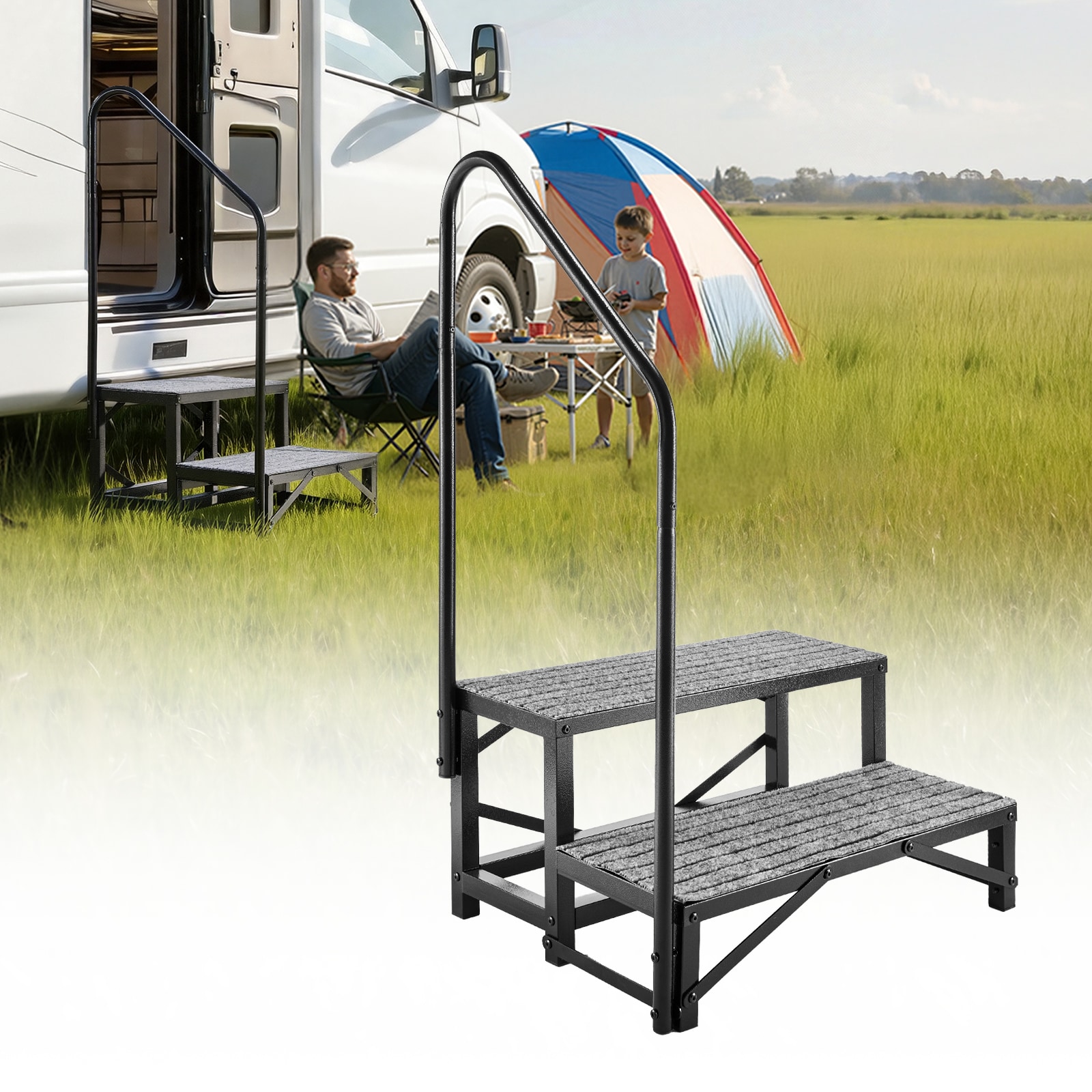 VEVOR RV Steps with Handrail 2 Steps 660 lbs Load Capacity Heavy Duty Outdoor RV Stairs with Non-Slip Mat for Elderly and Pets Portable Stairs for Hot Tub Camper Mobile Home Porch Pool SPA
