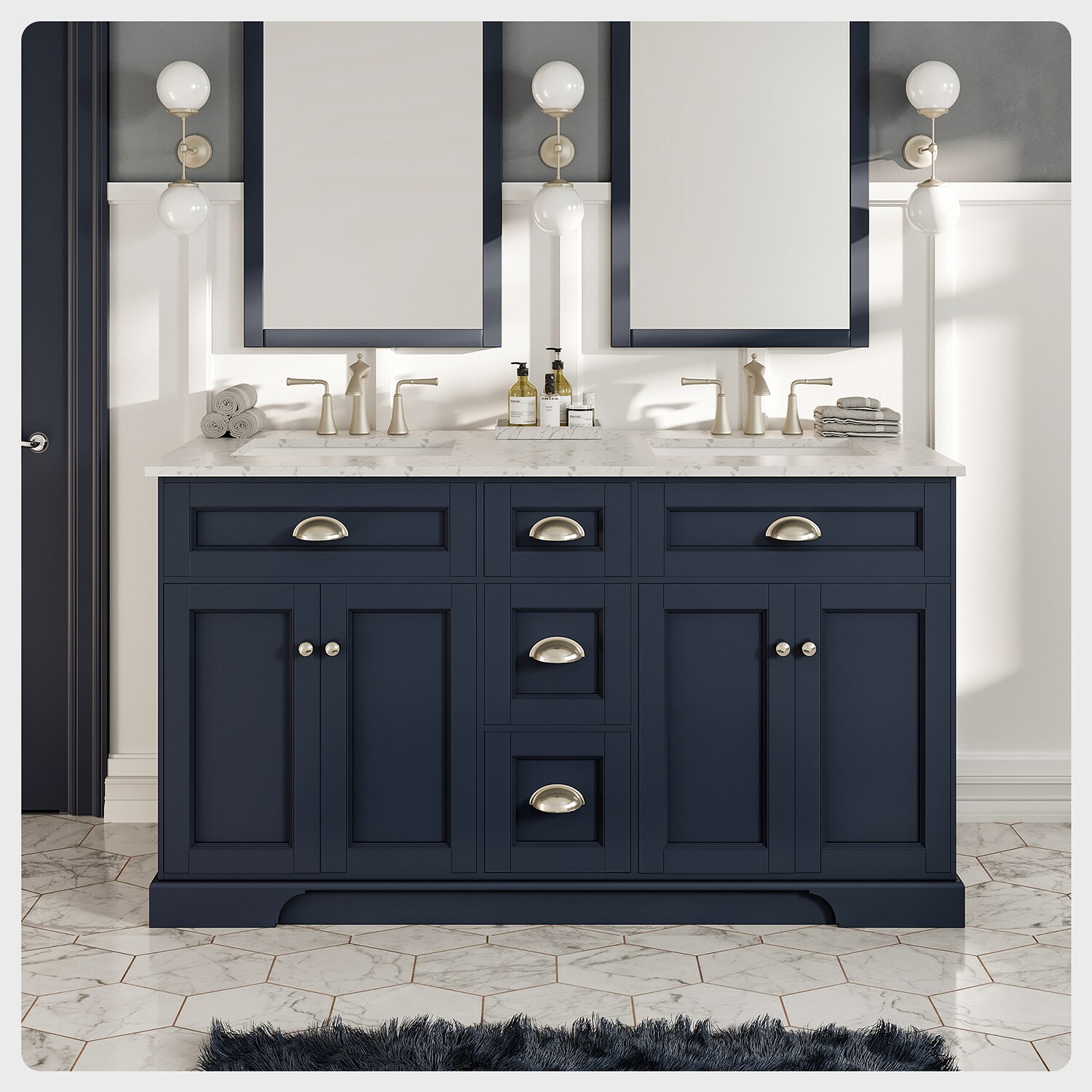 Eviva Navy 36 inch Deep Blue Bathroom Vanity with White Carrera Counter-top  and White Undermount Porcelain Sink