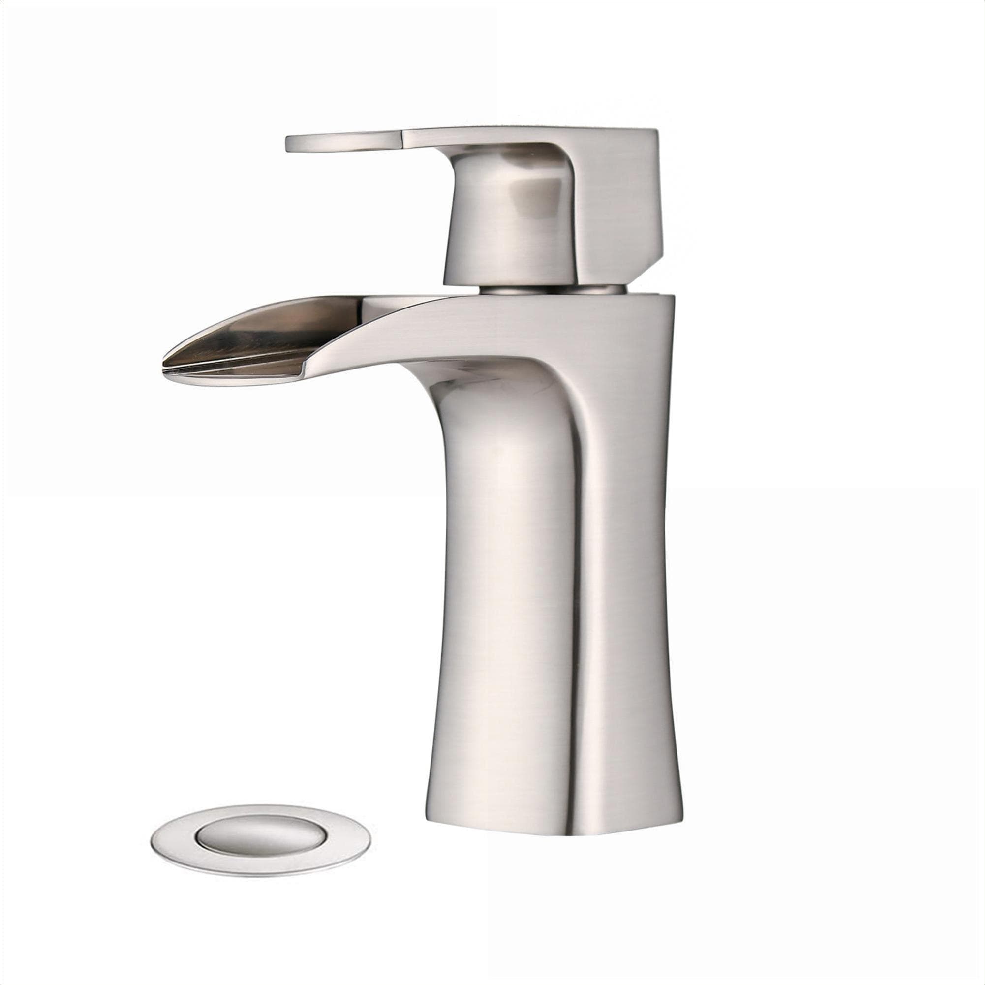 Watnature - Solid Brass 1-Hole Waterfall Bathroom Sink Faucet Single Handle with Drain Assembly ...