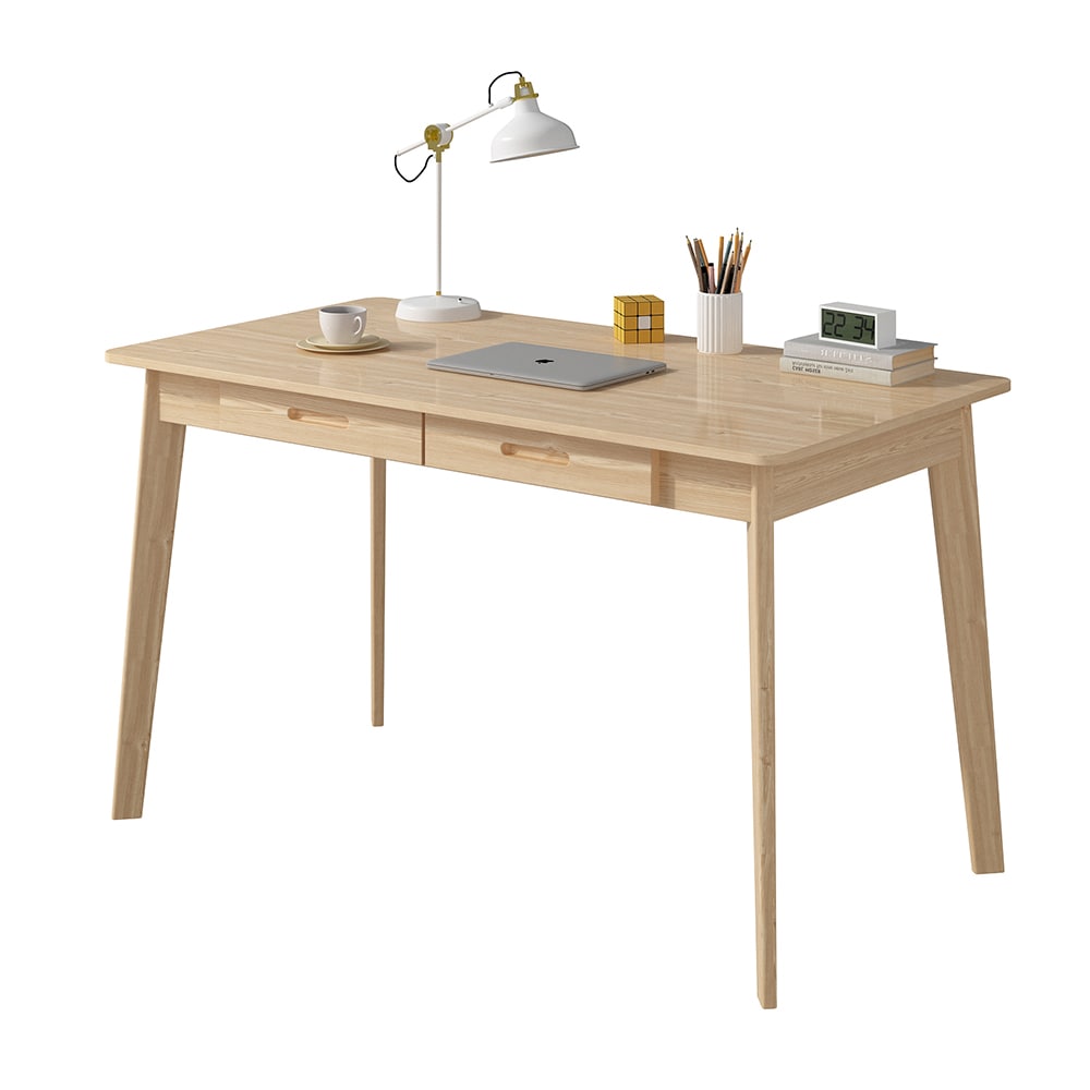  V-KF210013-03 Light Brown Modern Writing Desk with Drawer and Mid Century Legs Compact Desk for Small Spaces with Wire Management