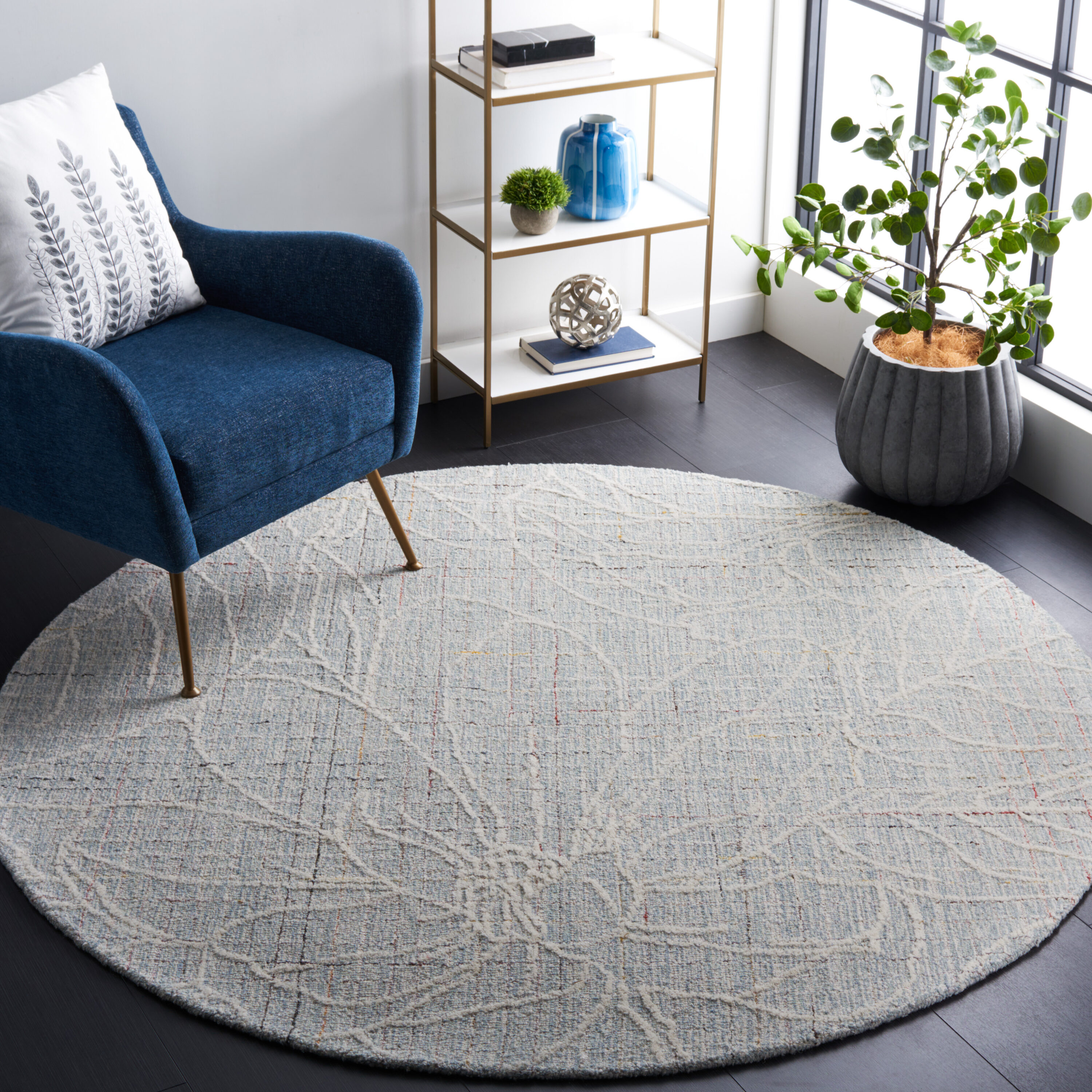  Metro 881 Blue/Ivory Contemporary 6ft x 6ft Round Rug