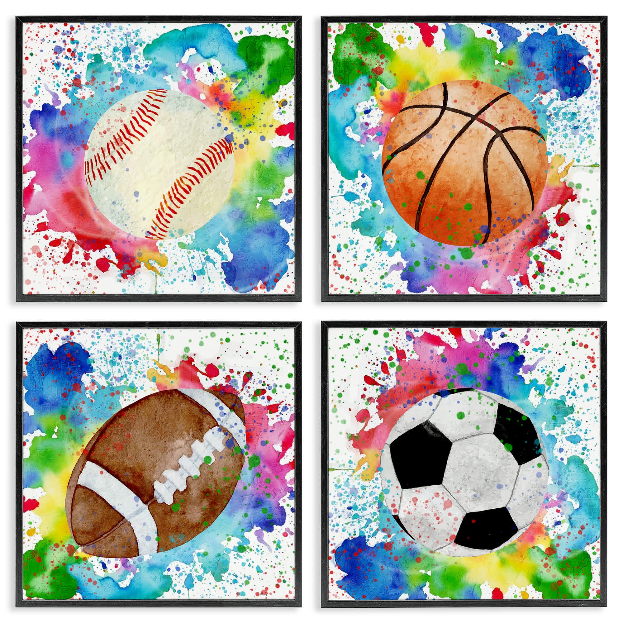 Stupell Industries A4-253-FR-4PC-17X17 Rainbow Splatter Baseball 4pc Framed Giclee Set design by Kim Allen