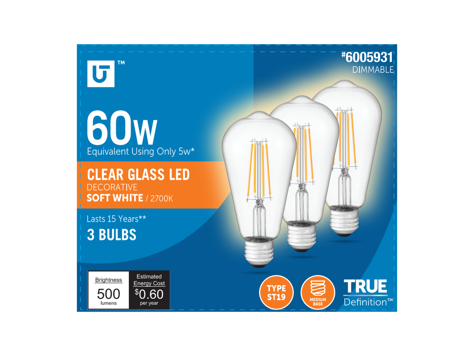 Utilitech 3ST19DG5WCL27K3P Linear Grace 60 -Watt EQ ST19 Soft white E26 Dimmable LED General purpose Light Bulb 3 -Pack