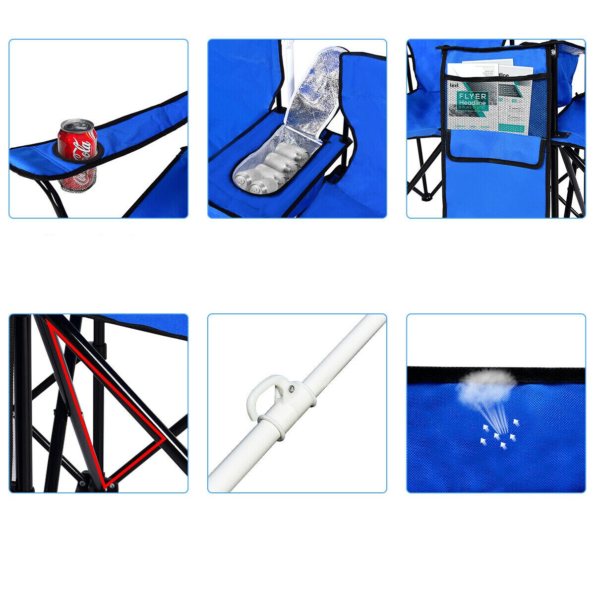 Blue Portable Folding Picnic Double Chair with Umbrella and Cooler