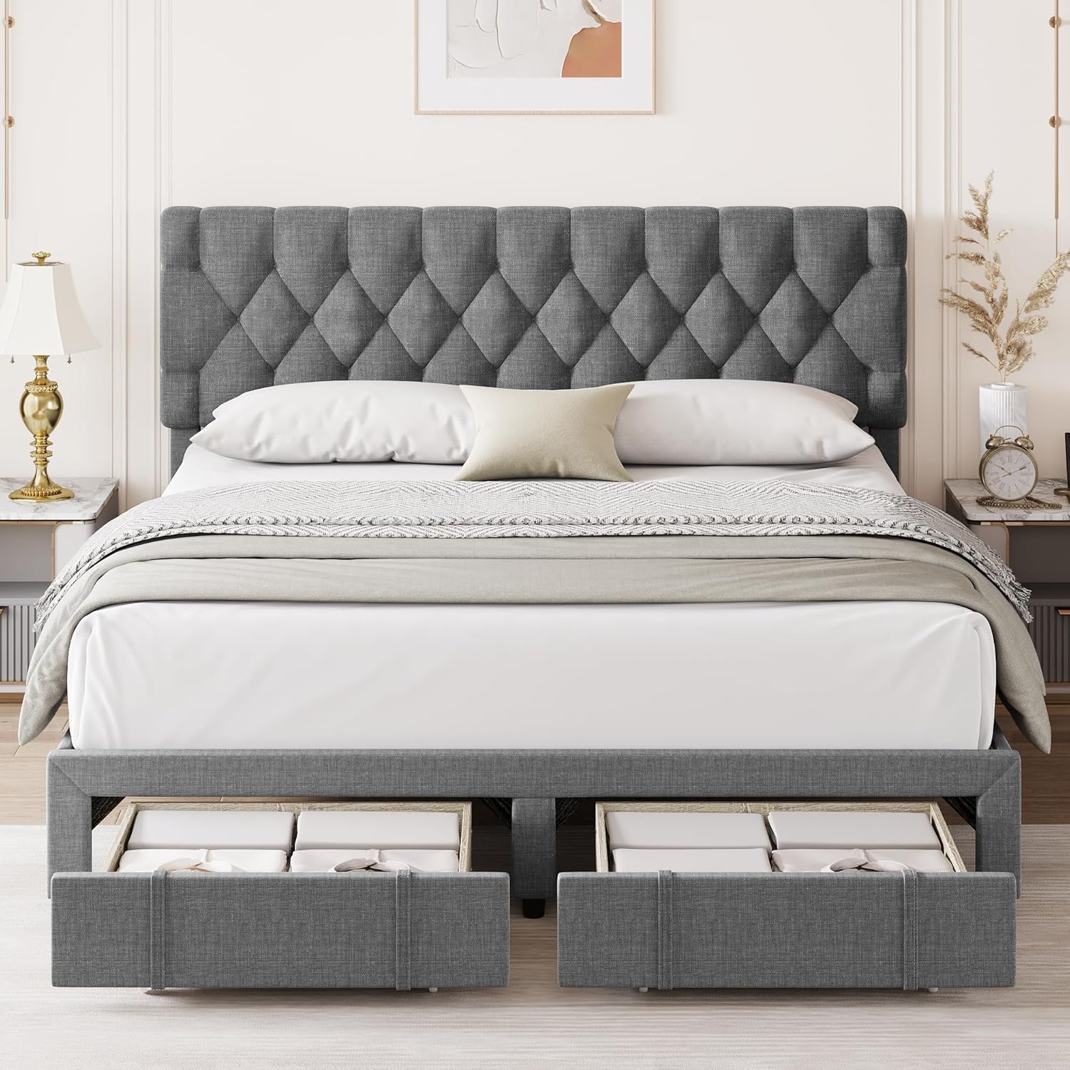 Qeetex LHF-BED-PHO-158MQWF8 Queen Size Upholstered Platform Bed Frame with Storage Drawers Mattress Foundation with Solid Wooden Slats No Box Spring Needed Grey