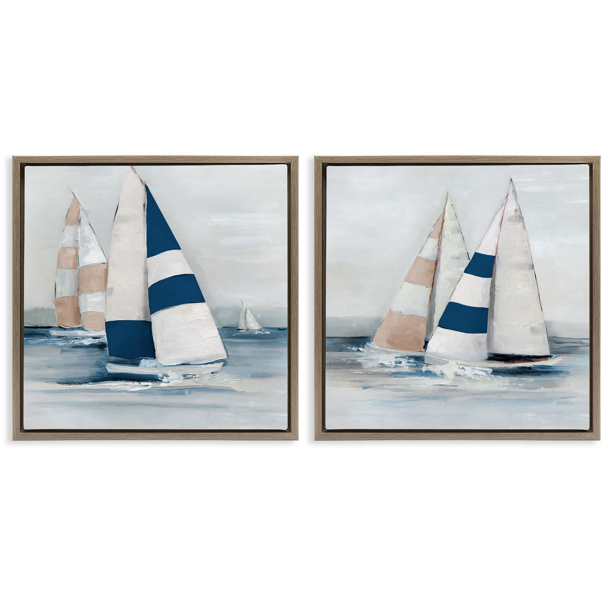 Stupell Industries B2-741-FFE-2PC-17X17 Sailboat Fleet Voyage 2 Piece Brown Framed Floater Canvas Set By Sally Swatland 18 x 18