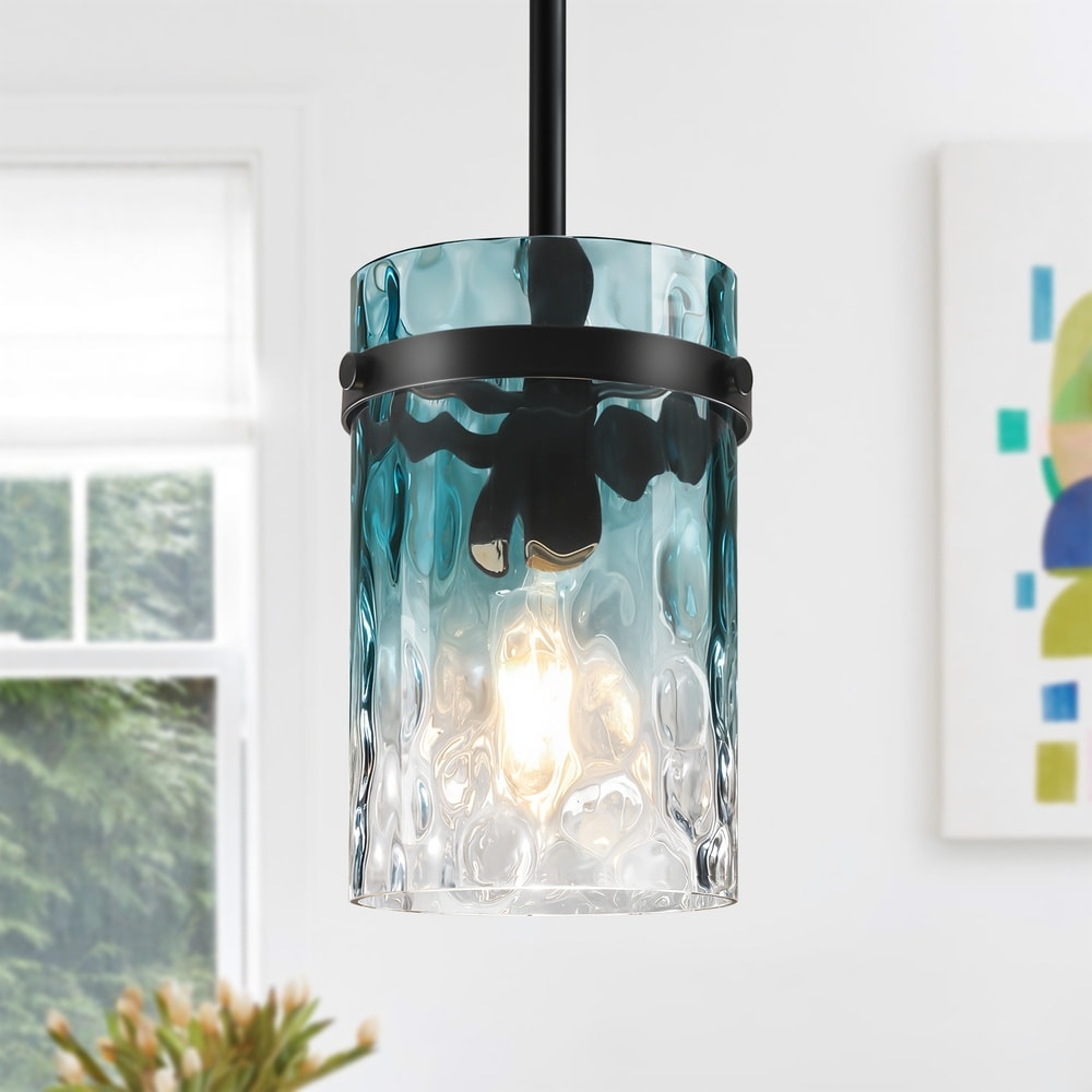 Henveton Jasslynn 5.9 in. Modern Gradient Blue Pendant Light for Kitchen Island Over Sink Hammered Glass Cylinder Hanging Lighting for Dining Room