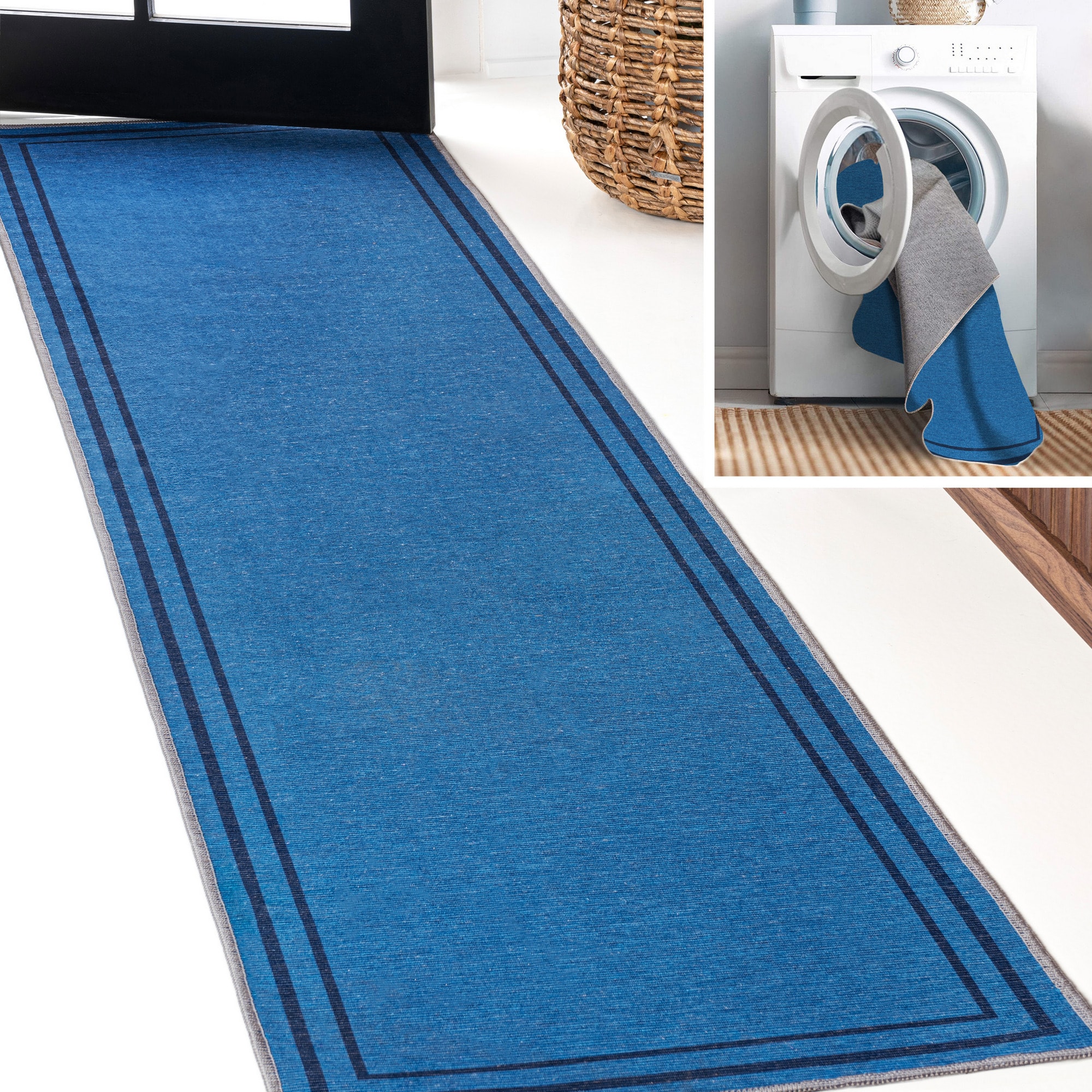 JONATHAN  Y WSH125E-28 WASHABLE Sloane 2-Stripe Border 2 x 8 (ft) Loomed Chenille Blue/Navy Rectangular Indoor Coastal Machine washable Runner rug