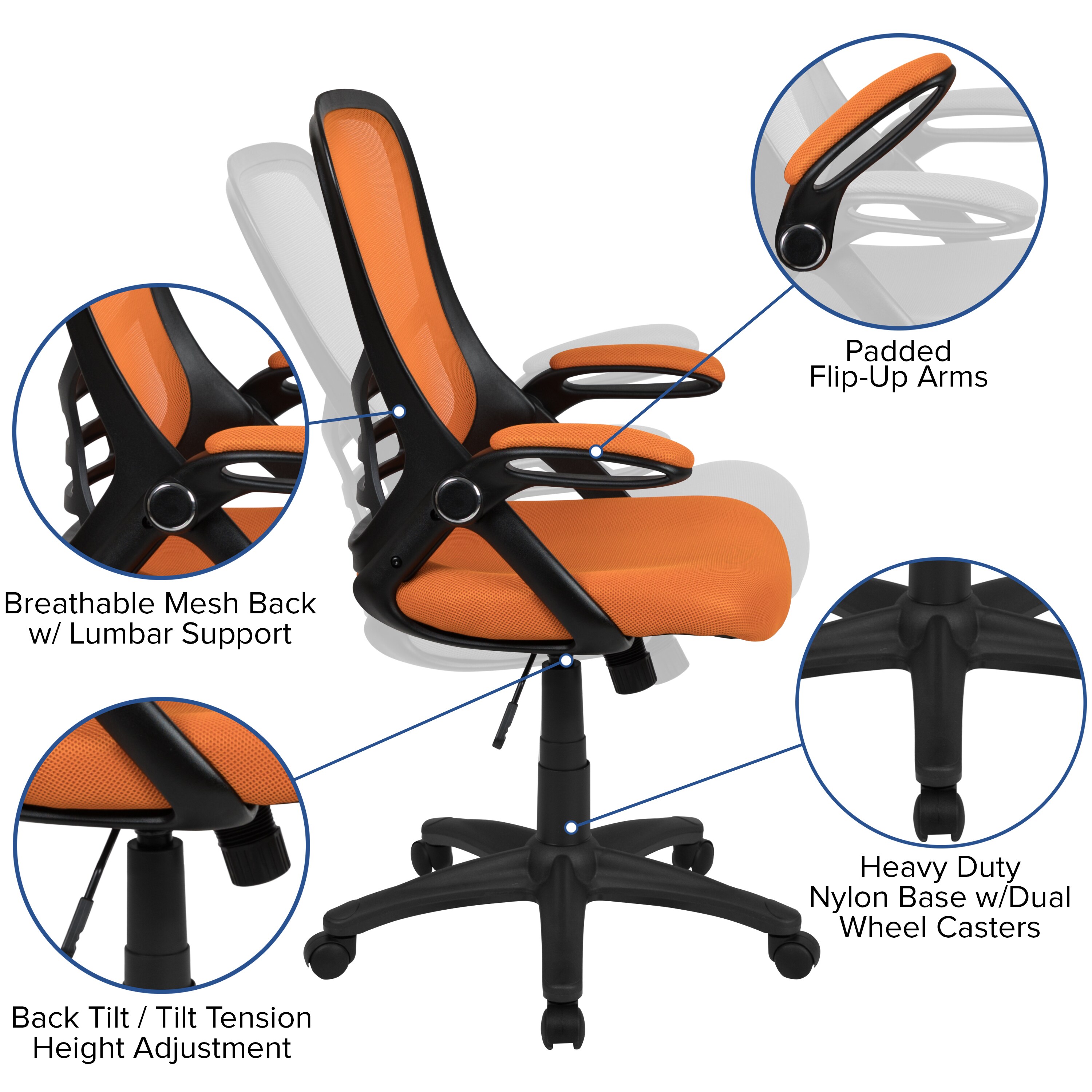 High Back Orange Mesh Ergonomic Swivel Office Chair with Adjustable Arms