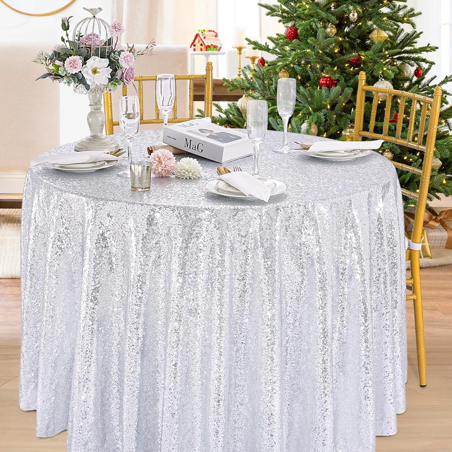 B-Cool B0D8Y23L5L 72 Inch Round Tablecloth Silver Sequin Table Cloth Glitter Table Cover for Holiday Banquet Dining Wedding Halloween Christmas Party Decoration
