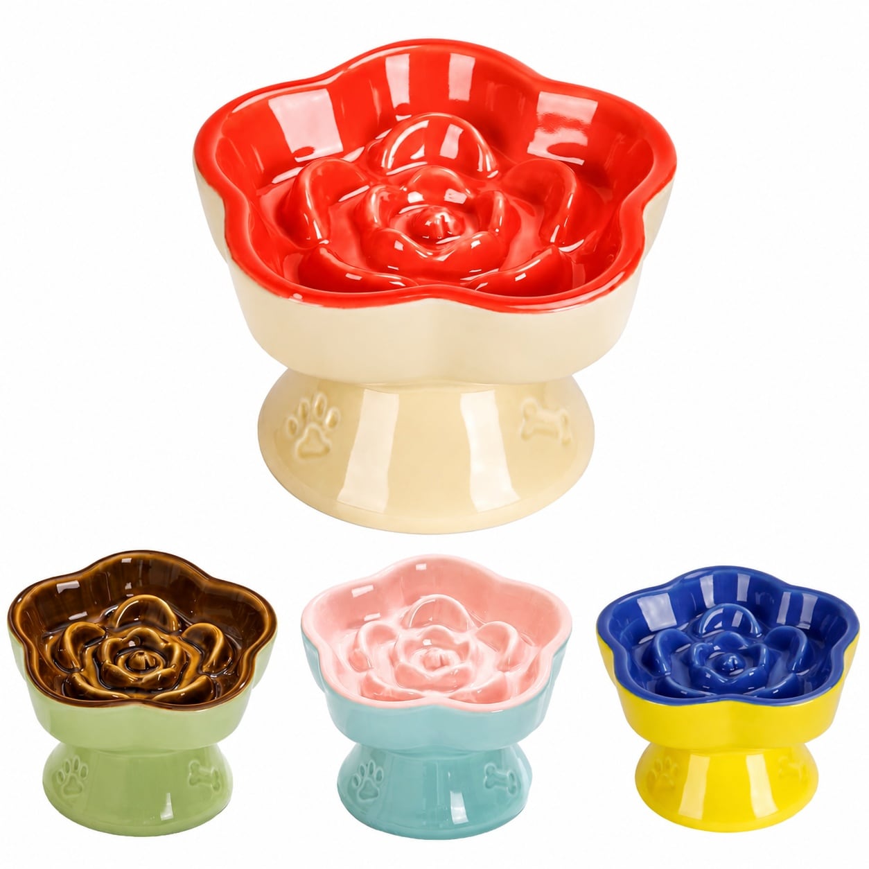 Aoibox  Raised Slow Feeder Ceramic Cat Bowl Flower Shaped 5 8 in Wide 4 2 in Tall with 15 Degree Tilt Orange