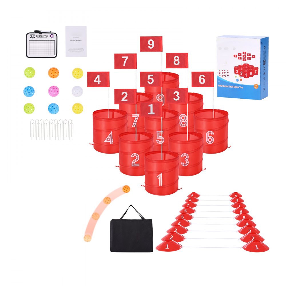 Slickblue Backyard Golf Yard Game Set with 9 Players Bucket Targets Flags 9 Balls and Storage Bag for Lawn Beach Park or Outdoor
