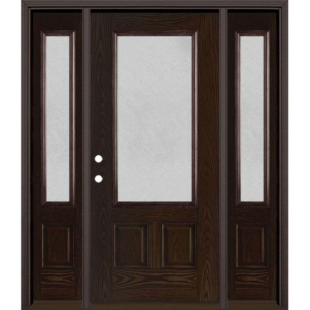 Masonite 1328322 Microgranite 64-in x 80-in Fiberglass 3/4 Lite Right-Hand Inswing Walnut Stained Prehung Single Front Door with Sidelights with Brickmould Insulating Core