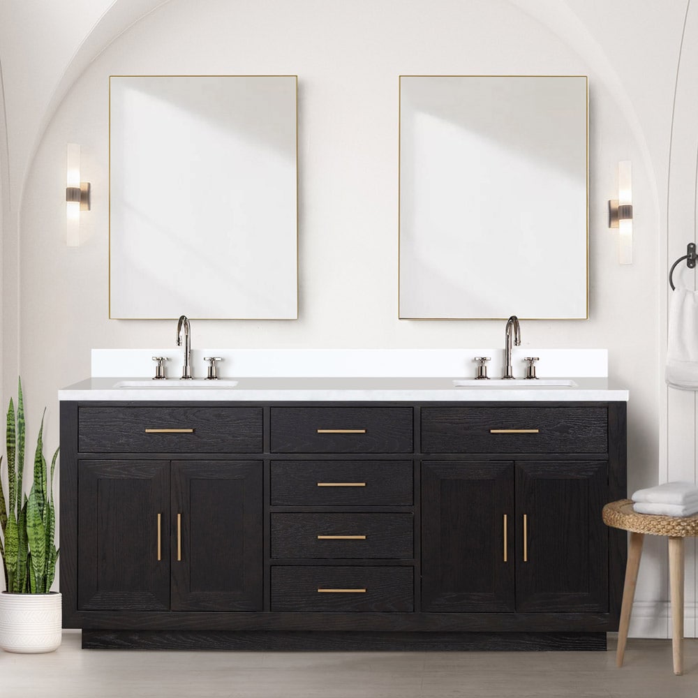 Lexora LVGI72DJ310 Gilroy 72-in Black Oak Undermount Double Sink Bathroom Vanity with White Cultured Marble Top (Mirror Included)