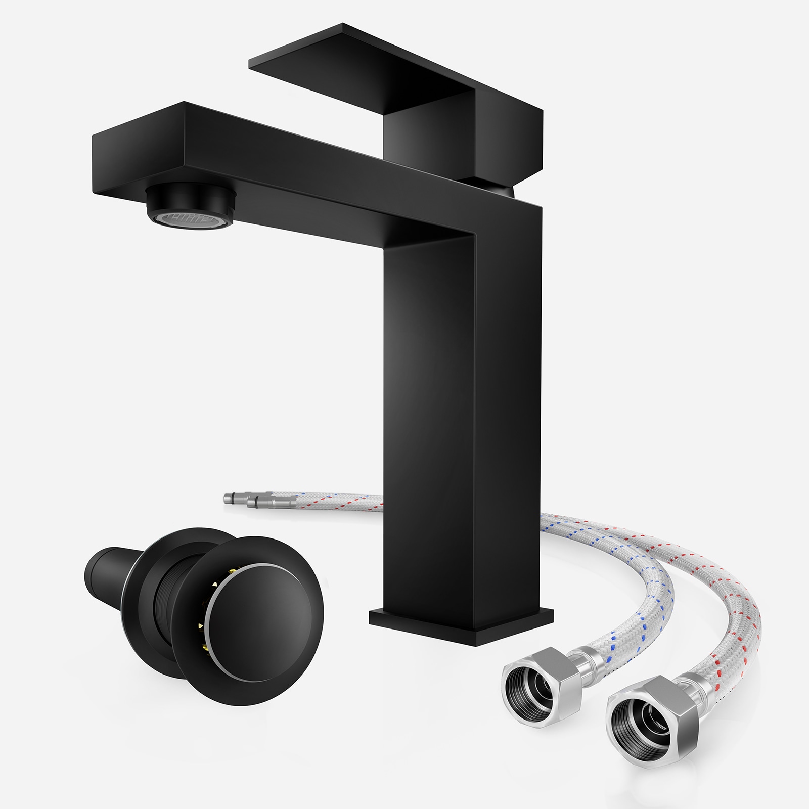 Phiestina - Matte Black Single hole 1-handle Low-arc Bathroom Sink Faucet with Drain