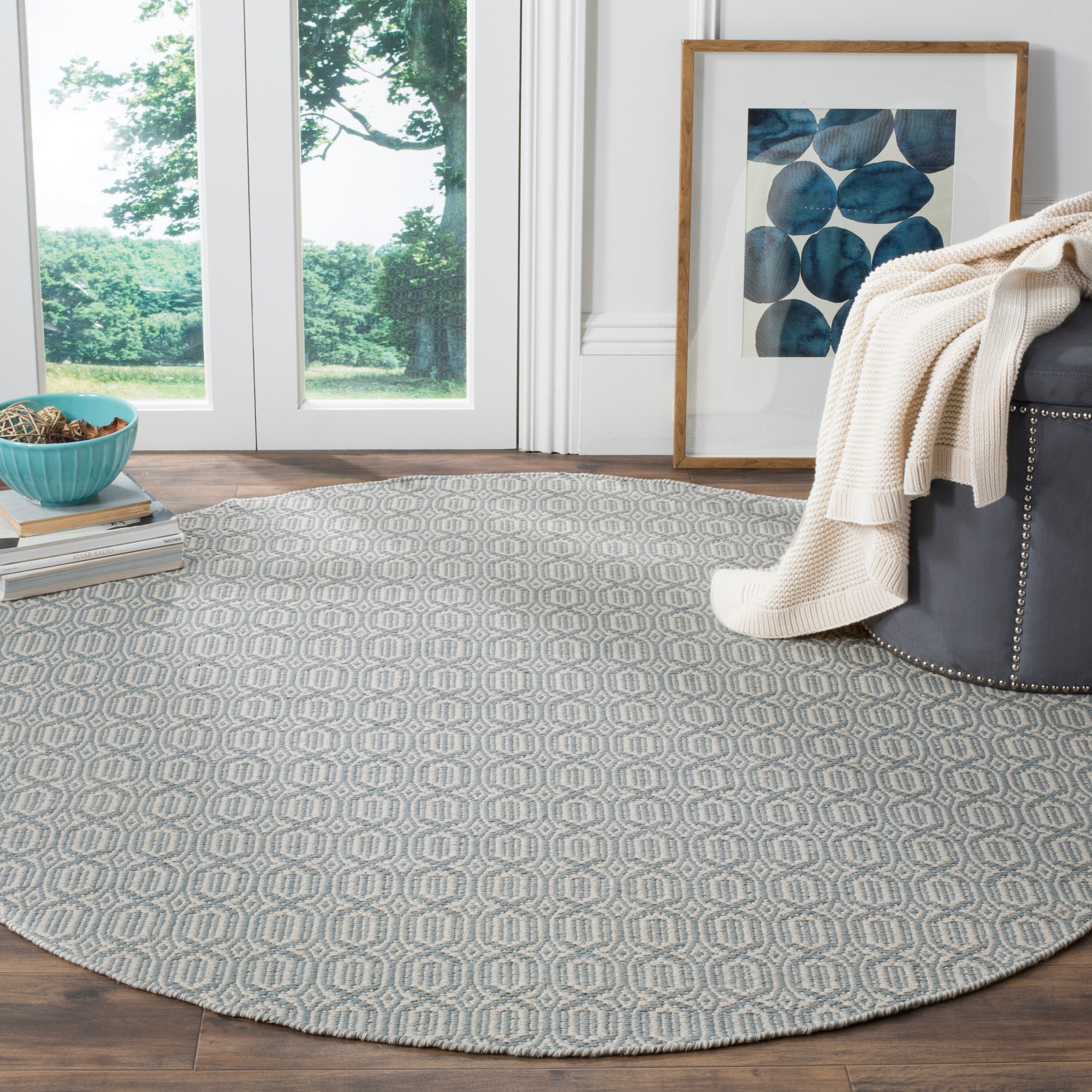 Safavieh MTK333L-6R Montauk Capri 6 x 6 (ft) Cotton Ivory/Blue Round Indoor Geometric Coastal Area rug