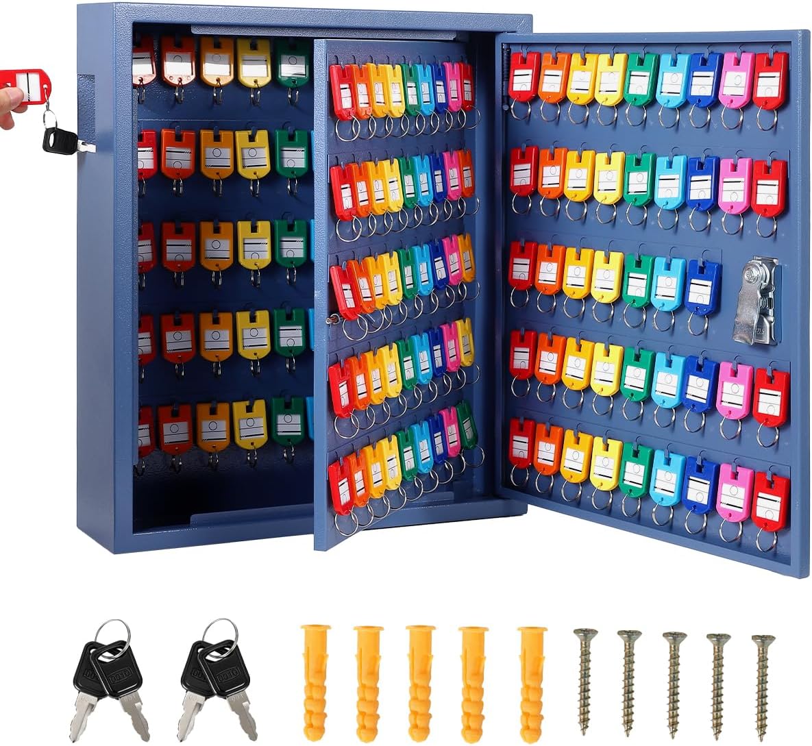 Garvee Heavy Duty Steel Key Cabinet Organizer with Lock - 133 Numbered Hooks - Colored Tags for Easy Sorting - Wall Mounted Secure Storage for Office Hotel Garage Valet - Blue 133 Pieces