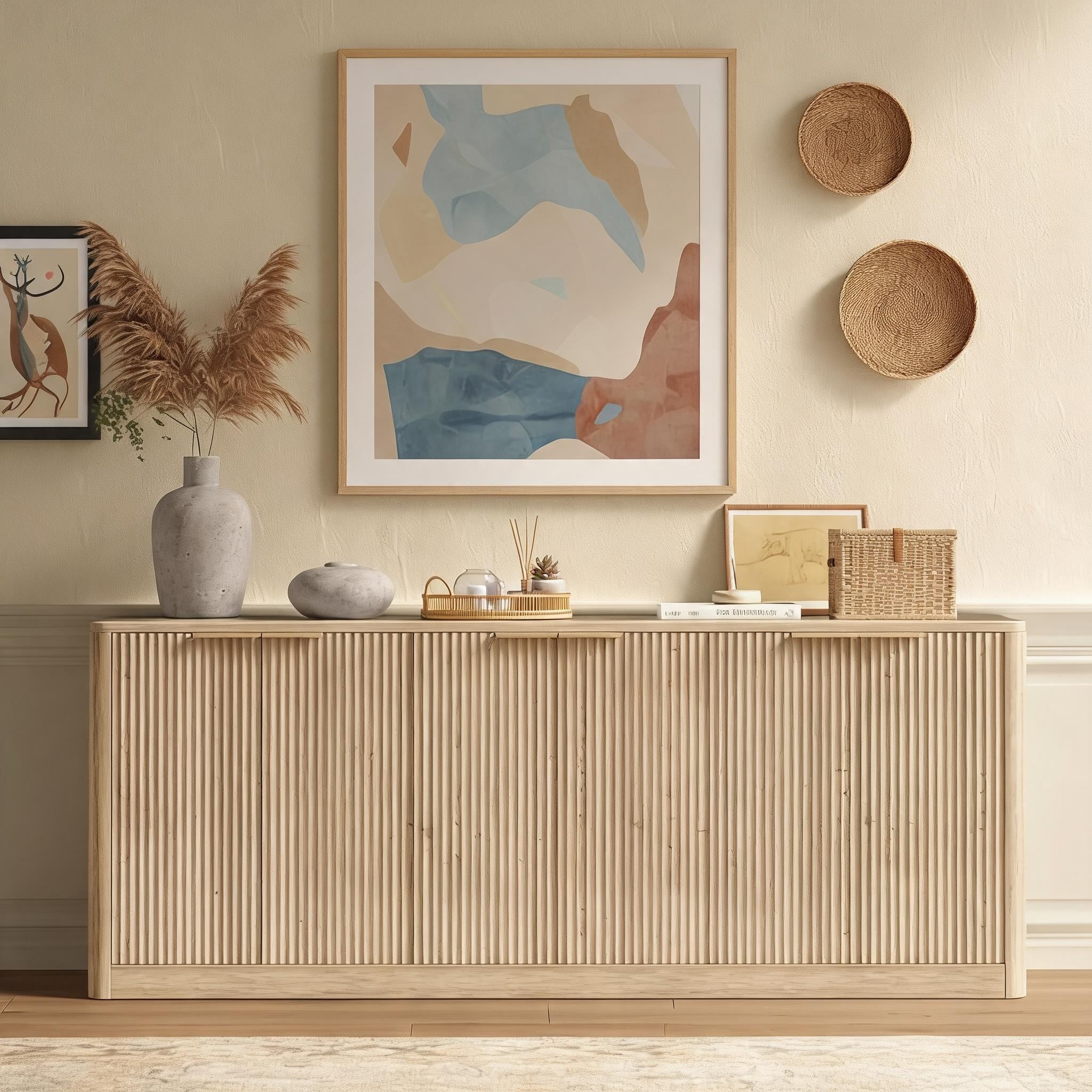 Horizons Prime - 67 inch Natural Wood Particle Board Sideboard Cabinet with Slatted Doors and Adj...
