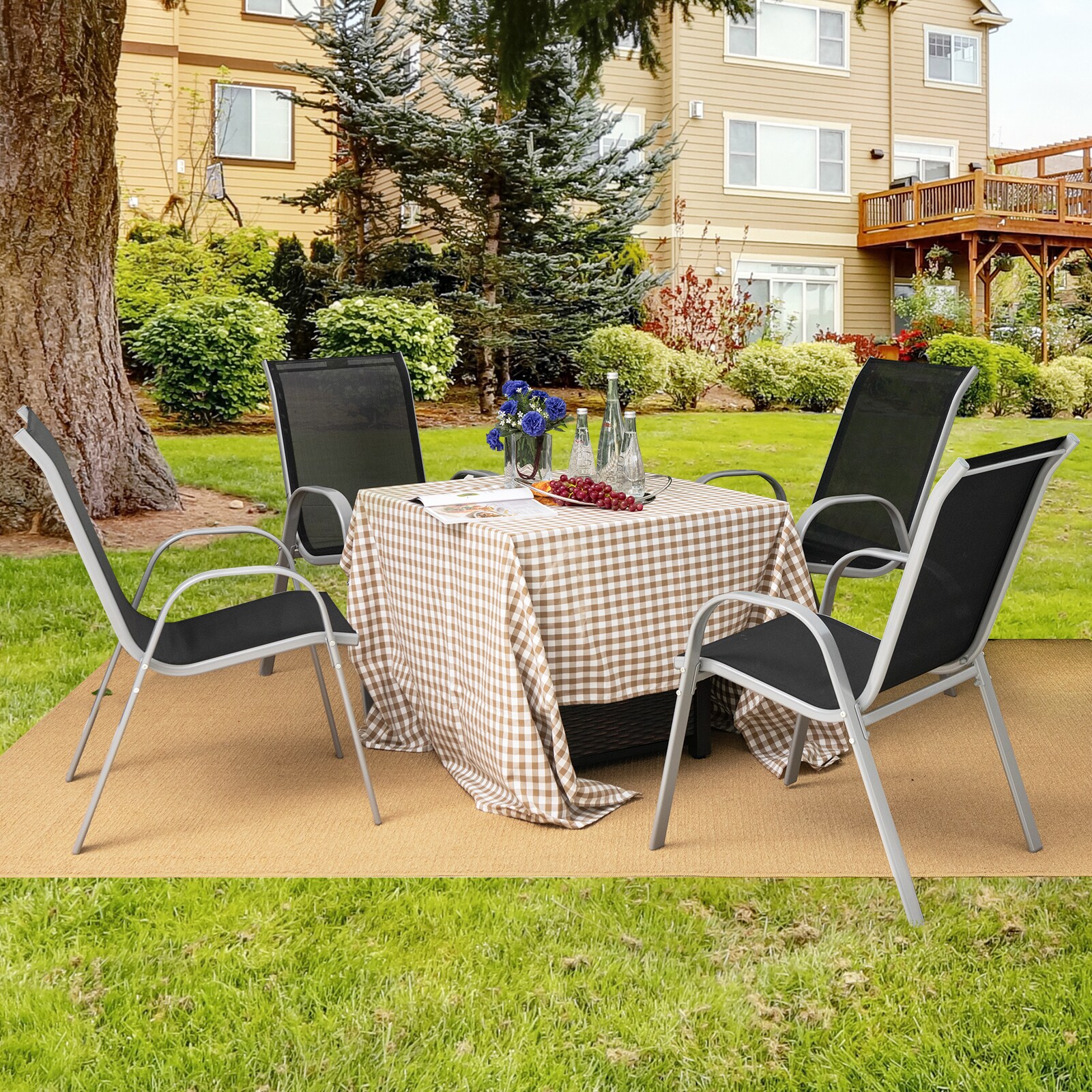 Black Stackable Outdoor Dining Chairs with Armrests, Set of 4