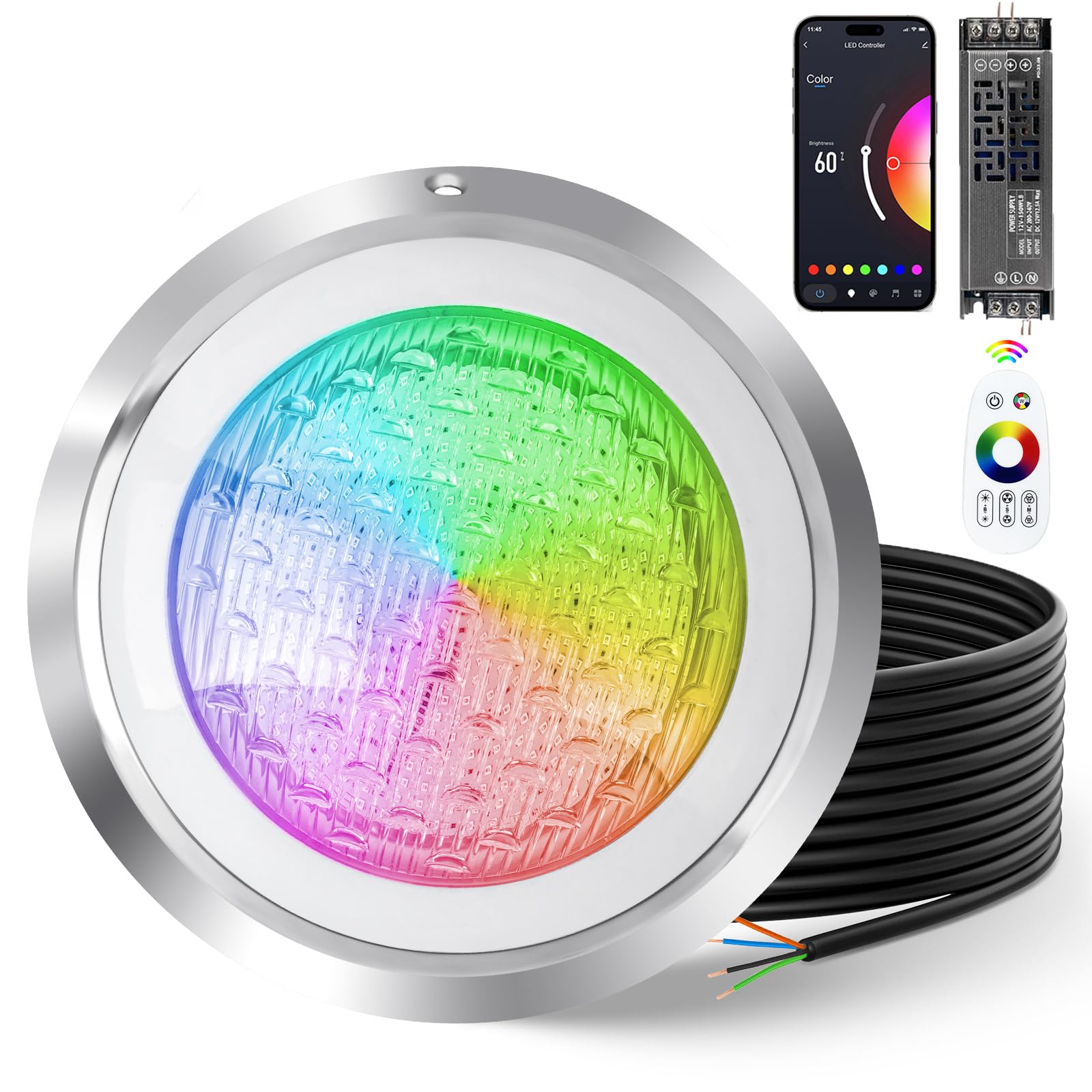 Adrinfly  12V 35W RGB Underwater Pool Light 11 Inch LED for Inground Swimming Pool IP68 Waterproof with 50ft Cord Remote and App Control