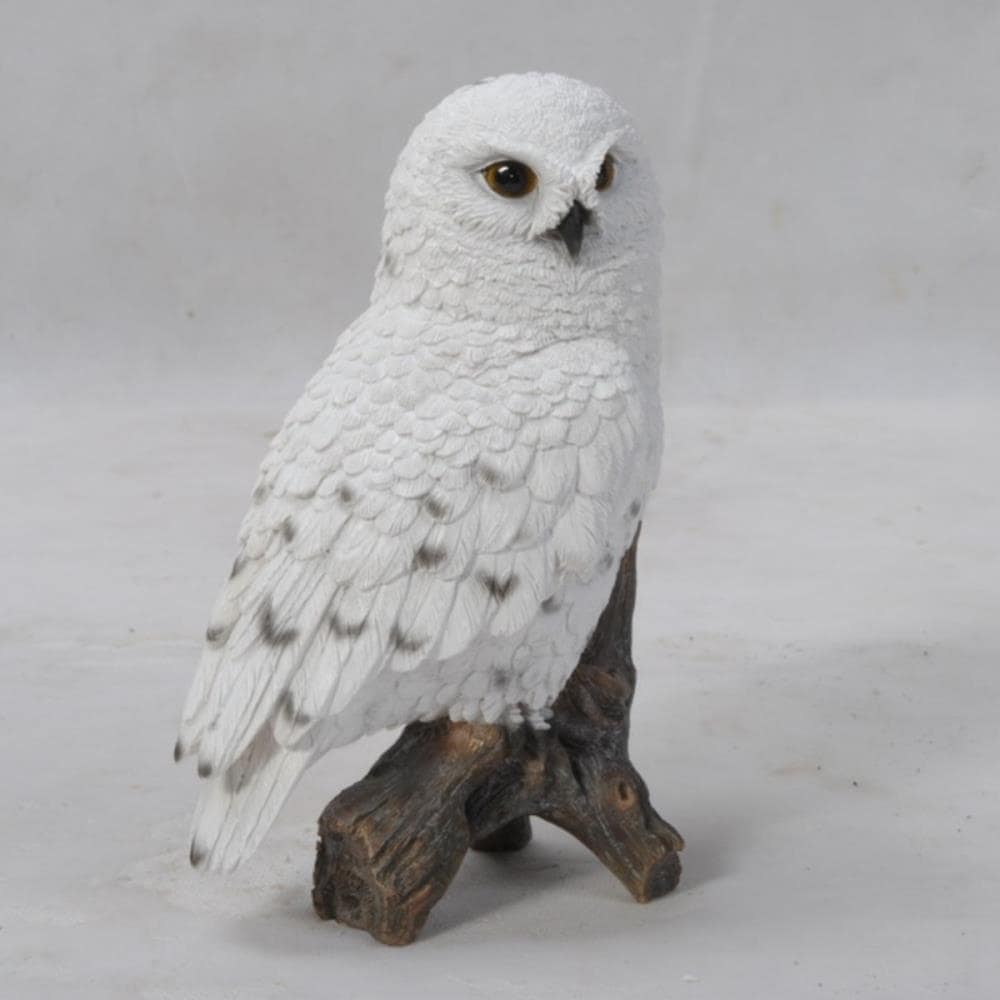 White Polyresin Snowy Owl on Brown Stump Garden Statue