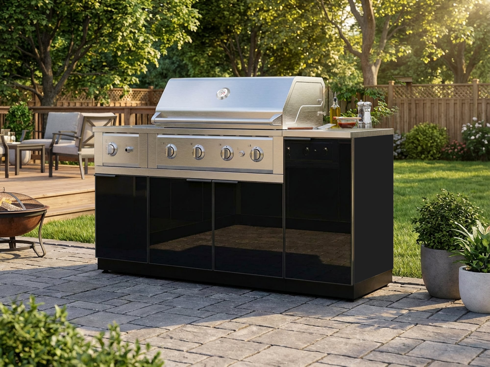 NewAge Products Classic Series 68-in W Modular Outdoor Kitchen Grill island with 5 -Burners Gas Grill, Powder-coated aluminum Black Tempered glass panel Door