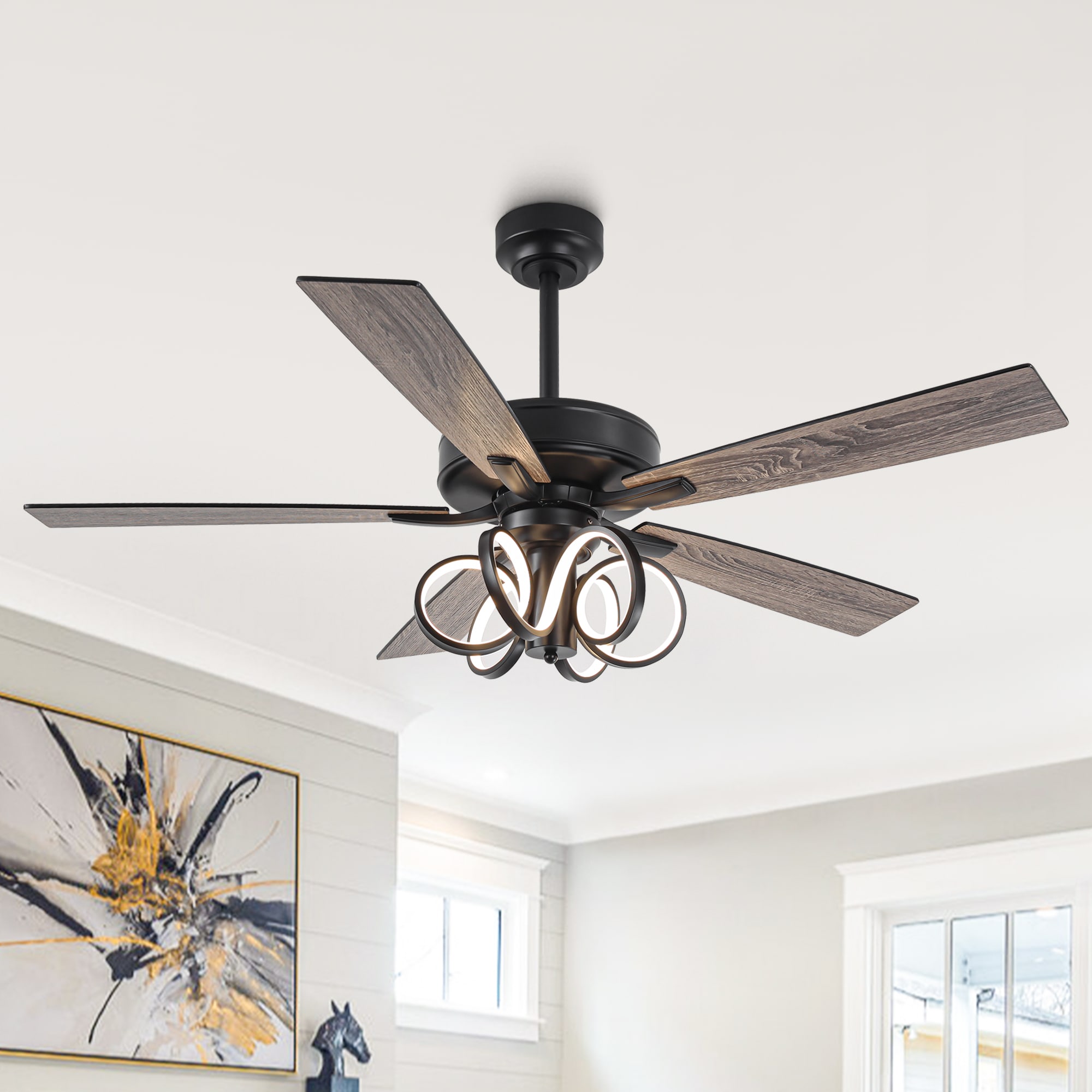 IHOMEadore MDF6019BK 52-in Color-Changing Integrated LED Matte with Matte Blades Ceiling Fan With Light - Remote Included ( 5 -Blade )