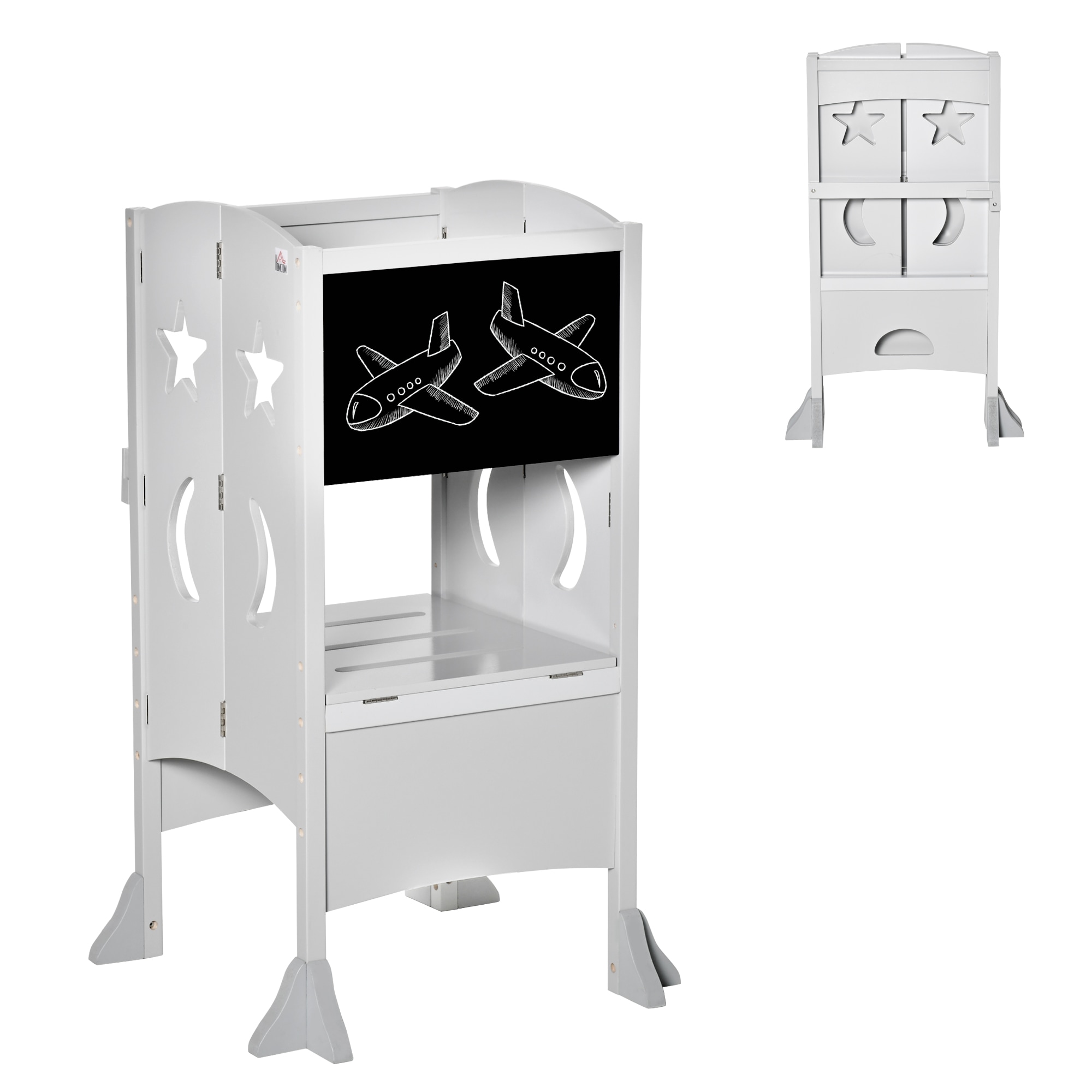 LOVMOR SF-Y-W2225P154790 Kids Kitchen Step Stool Foldable Child Standing Tower with Chalkboard. Lockable Handrail for Children 3-6 Years Old Grey