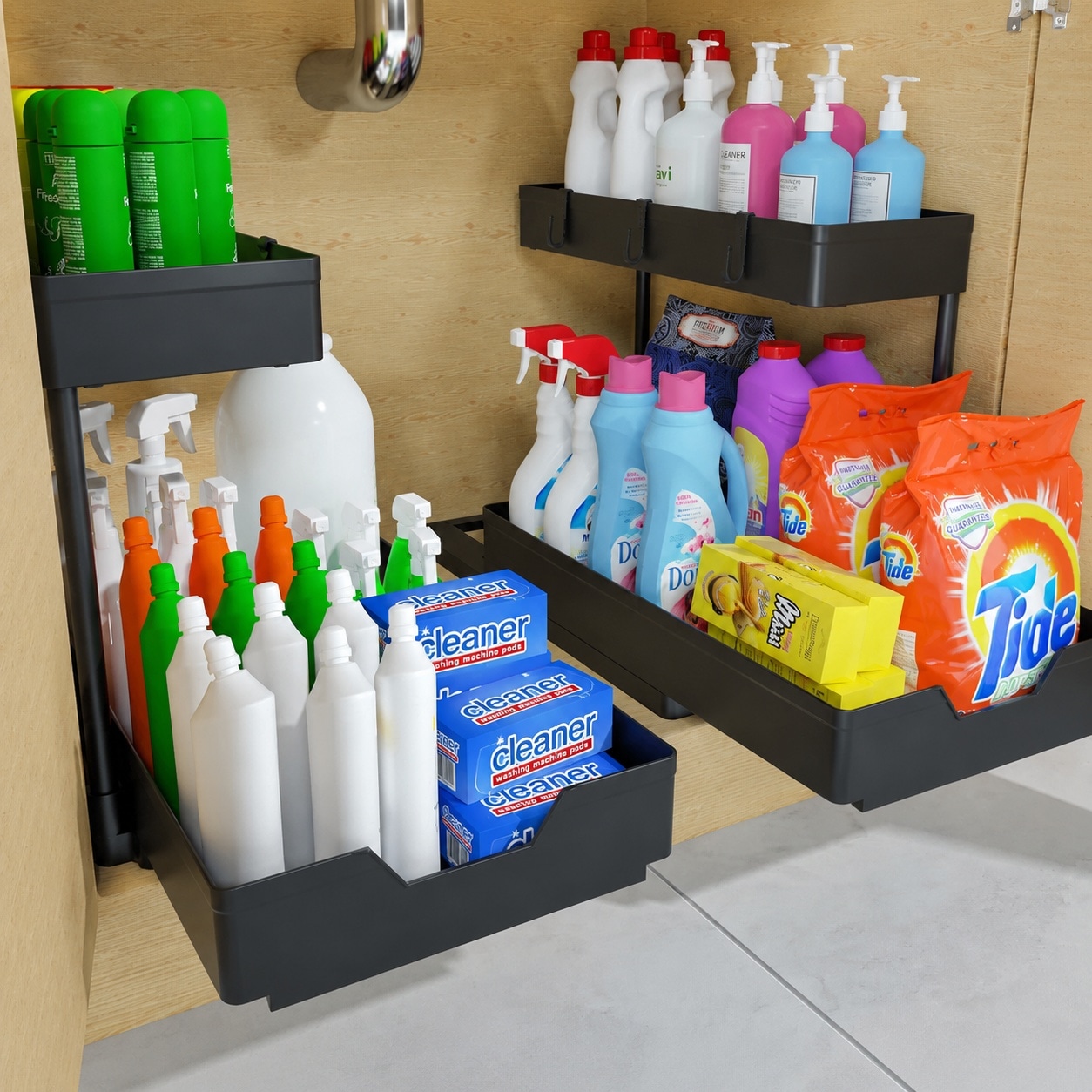 Phewnyzo  2 pack under sink organizer 2 tier sliding cabinet organizer L shape narrow shelf with hooks for kitchen bathroom sturdy ABS and metal