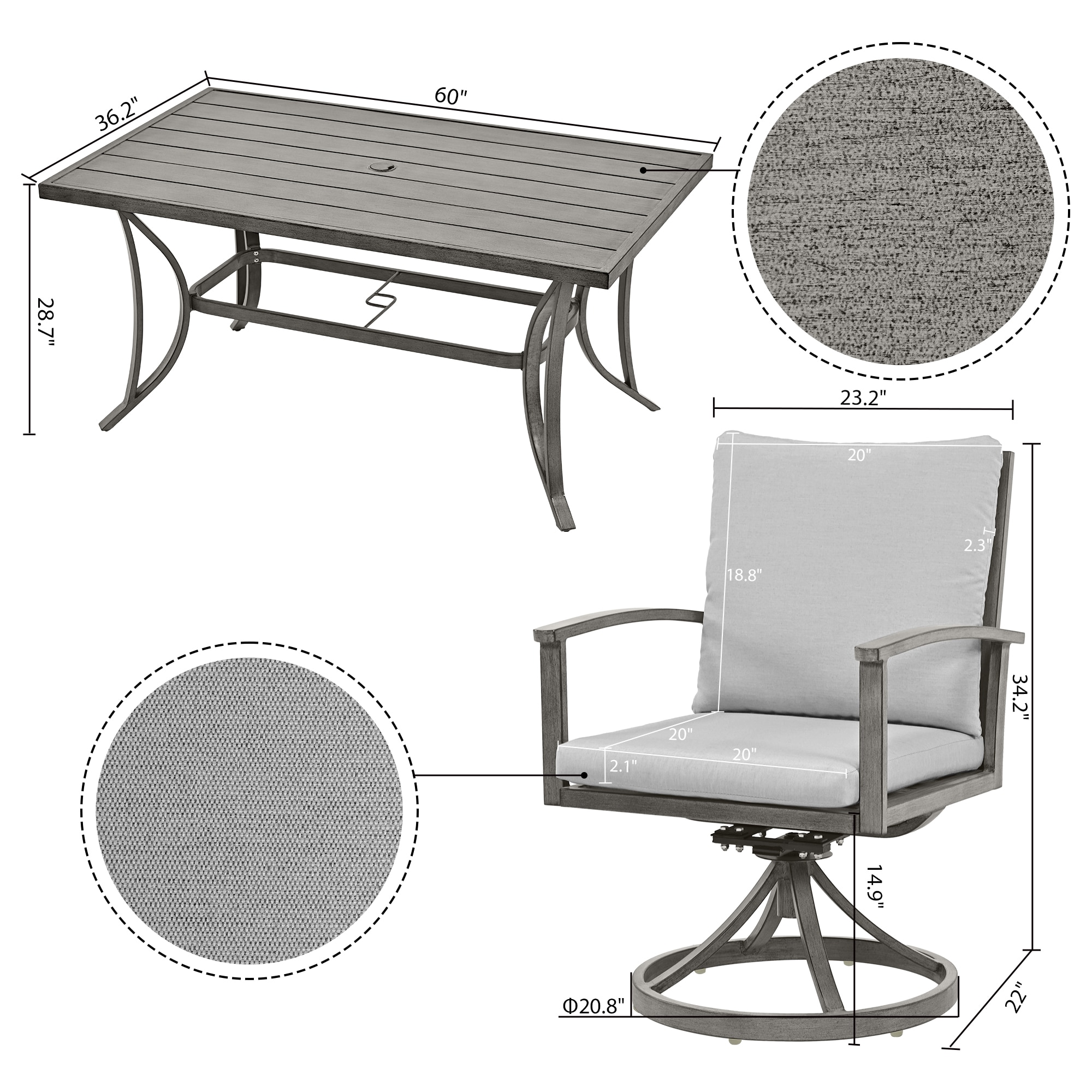 Modique 7-Piece Gray Aluminum Swivel Patio Dining Set with Cushions