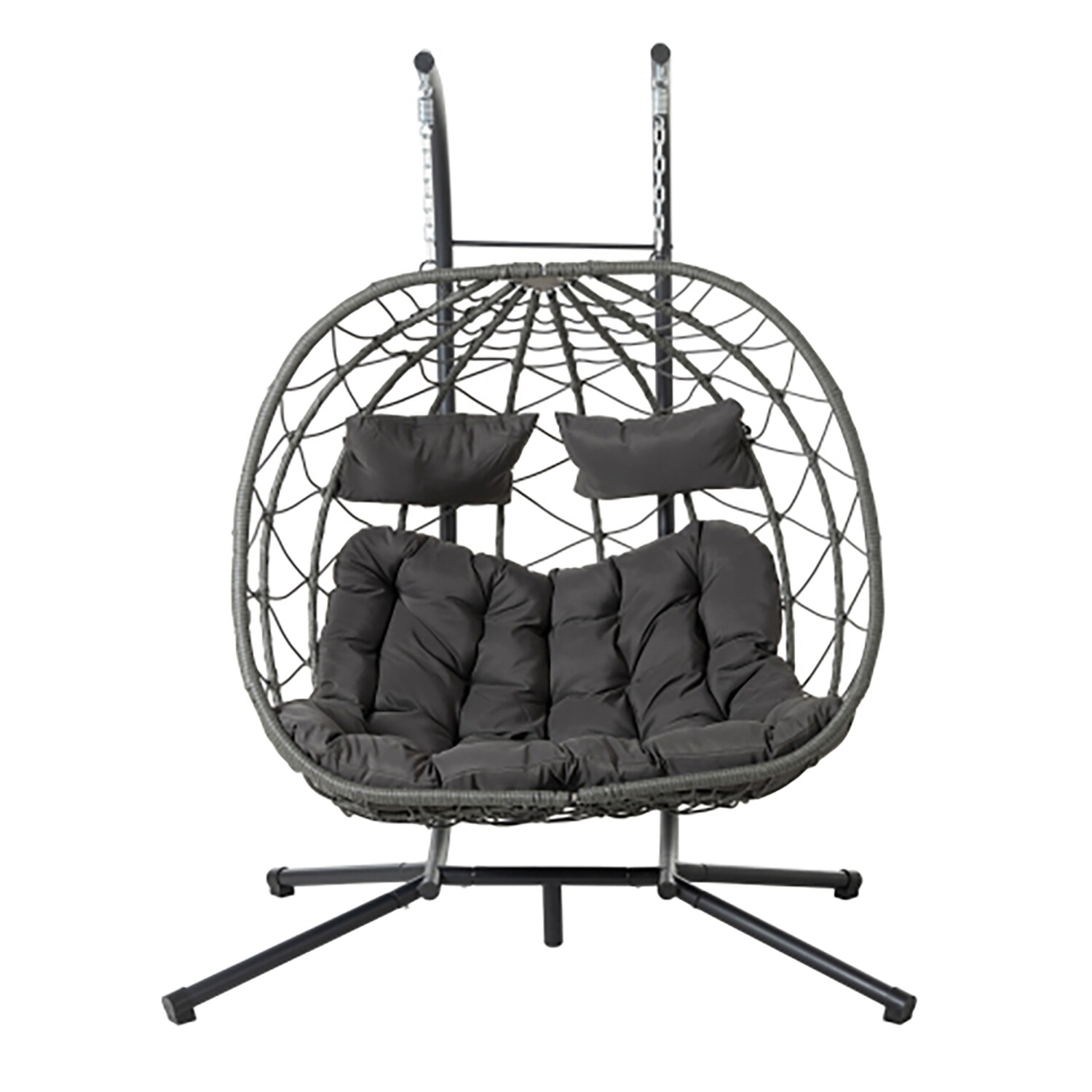 GZMR GM-DH-63951 2 Persons Egg Chair with Stand Indoor Outdoor Wicker Steel Metal Frame Spring motion Egg Chair with Gray Cushioned Seat